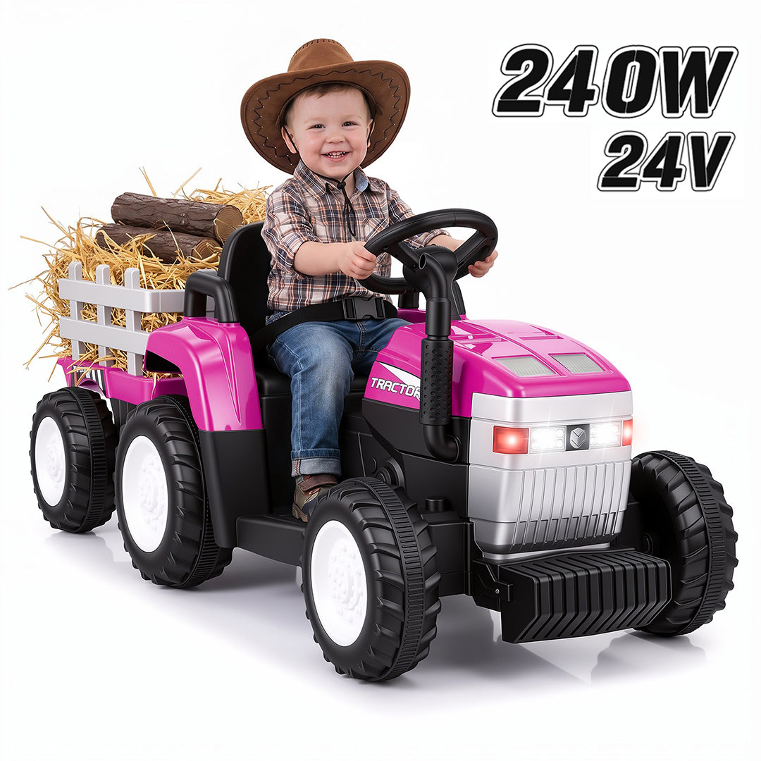 Funcid 24 Volt Ride on Toys with Remote, 5 AH Electric Ride on Vehicles for Kids, 240W Ride on Tractor, Power Car Wheels w/ Detachable Trailer, Bluetooth, Music, Taillight & Light Switch, Pink