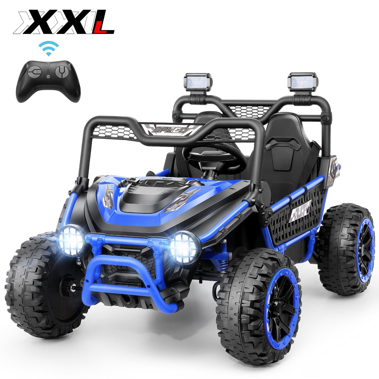 Funcid Metal Frame 24 Volt Ride on Toys, 2-Seater Ride on Cars with Remote Control, Electric Car for Kids, Power UTV Wheels with Key Start, Storage Bag, Bluetooth, Music, Spring Suspension, Blue