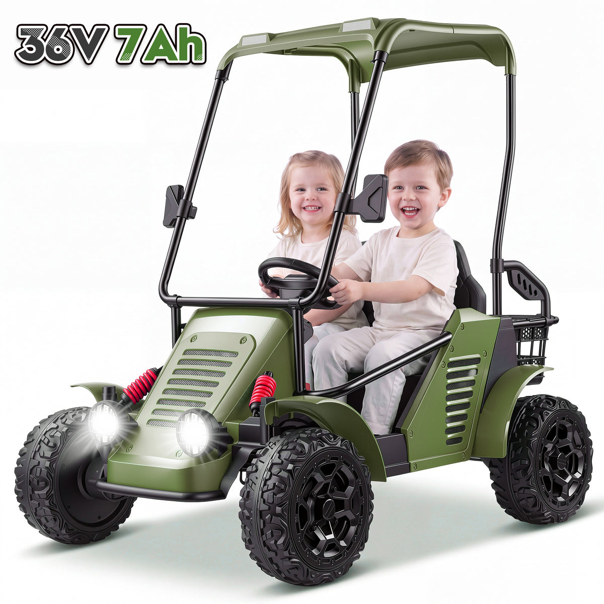 Funcid 36V Kids Golf Cart, 4WD 6.21 MPH 2 Seater Electric Cars with 7Ah Big Battery, 800W Powerful Motors, Detachable Awning and Storage Basket, Ride on Toys for 3-8 Years, Olive Green