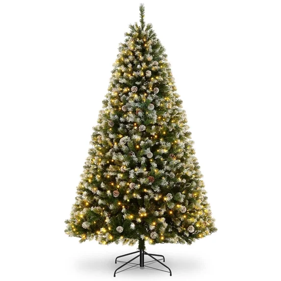 Funcid 6ft Artificial Christmas Tree with 8 Adjustable Light Flash Rate Modes, Decorated Xmas Tree with Pine Cones, Hinged Partially Flocked Christmas Tree with Foldable Metal Base