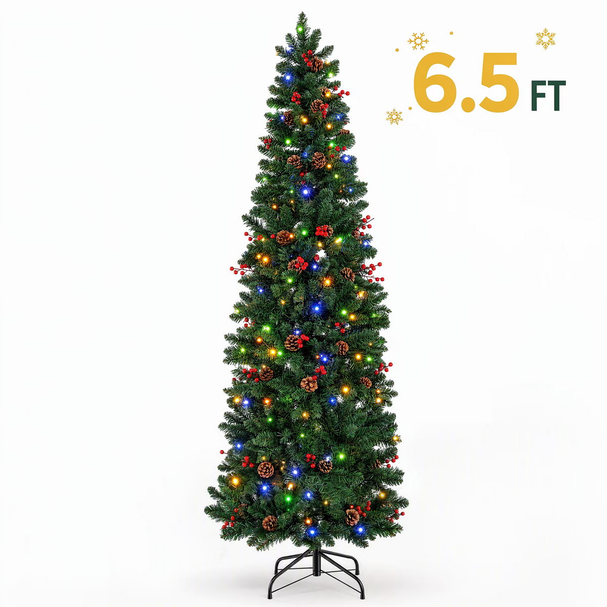 Funcid 6.5ft Pre-Lit Pencil Christmas Tree, Skinny Spruce Slim Holiday Decoration w/ 50 Pine Cones, 50 Red Berries, 702 Tips, 250 Lights, Metal Hinges & Base