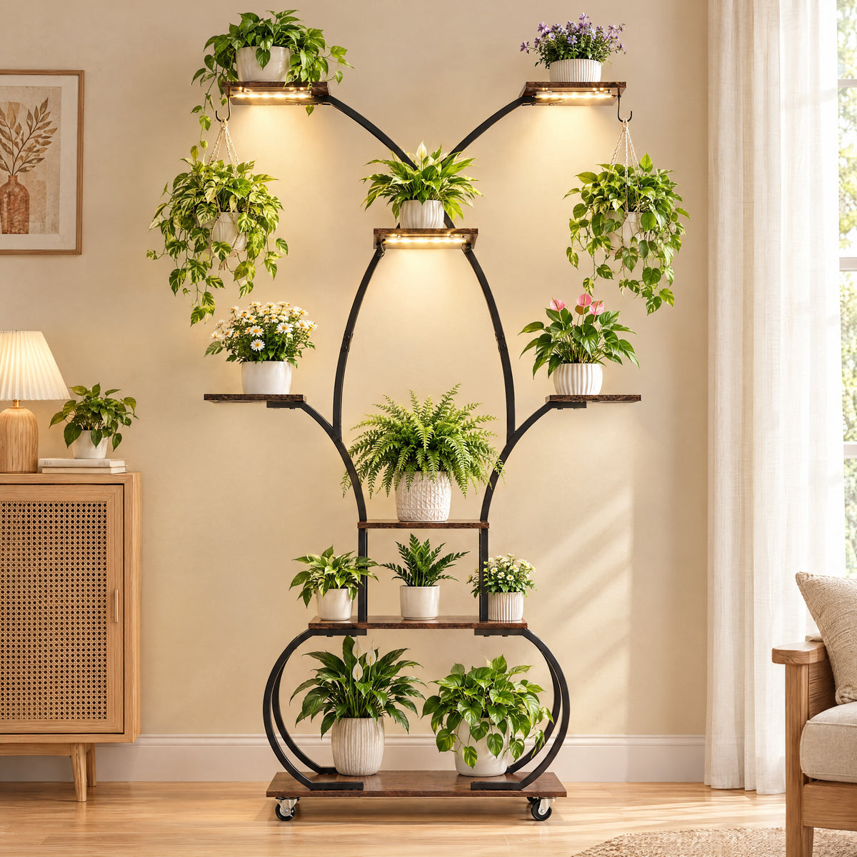 Funcid Plant Stand indoor with Grow Lights, 6 Tiered Metal Plant Shelf with Wheels, Corner Plant Stand for Indoor Plants, 63“ Plant Rack for Living Room, Office, Patio or Balcony