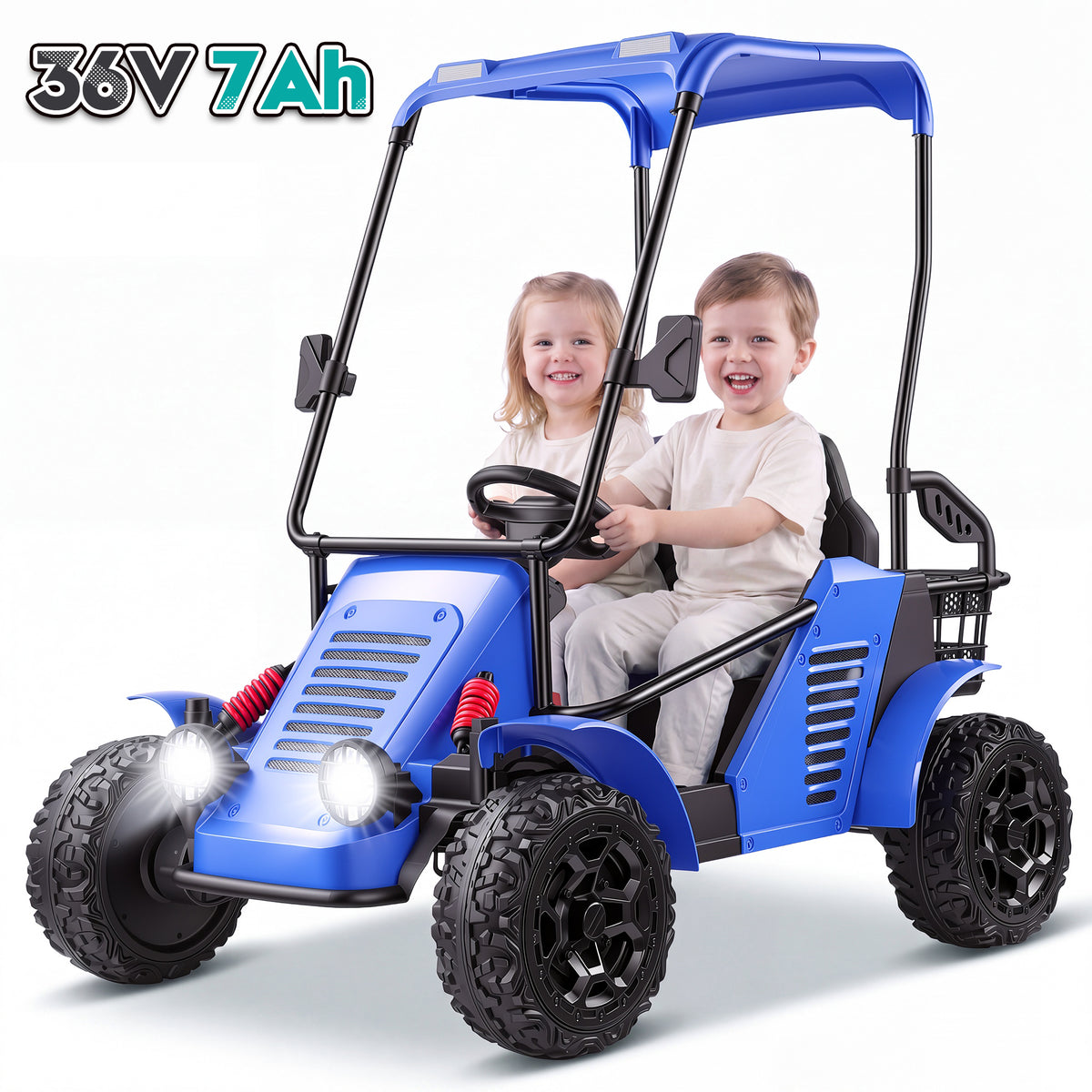 Funcid 36V Kids Golf Cart, 4WD 6.21 MPH 2 Seater Electric Cars with 7Ah Big Battery, 800W Powerful Motors, Detachable Awning and Storage Basket, Ride on Toys for 3-8 Years, Blue