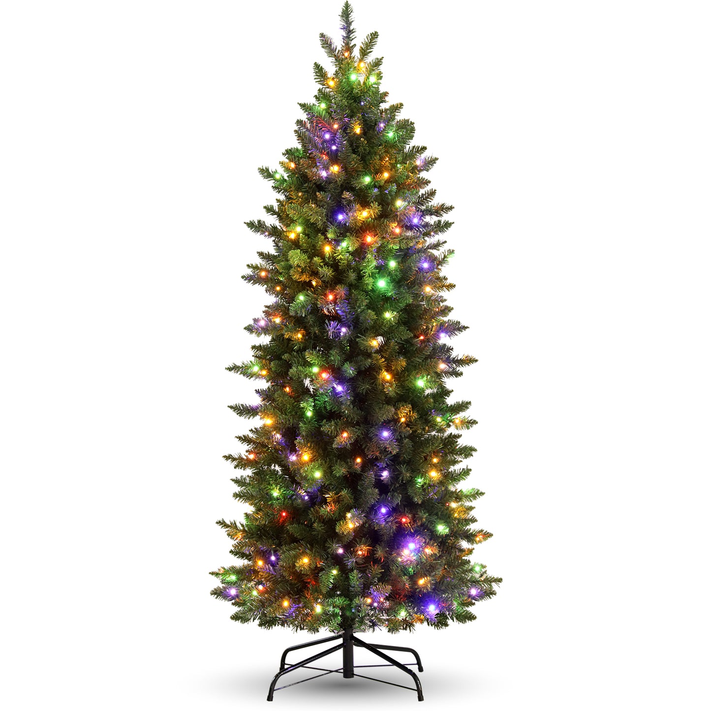 Funcid 6ft Pre-lit Pencil Christmas Tree, Slim Artificial Christmas Tree with 250 Colorful Lights, 8 Adjustable Flash Rate Modes, 957 PVC Branch Tips, Foldable Metal Stand, Hinged Branches, Green