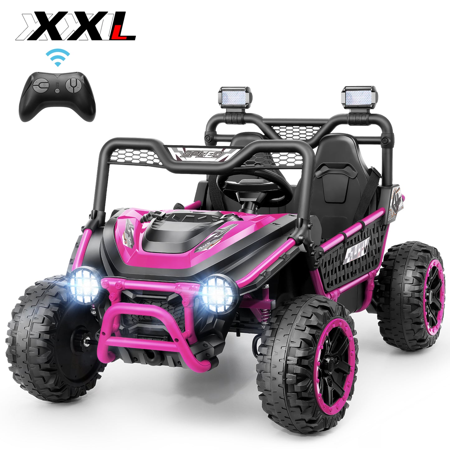 Funcid Metal Frame 24 Volt Ride on Toys, 2-Seater Ride on Cars with Remote Control, Electric Car for Kids, Power UTV Wheels with Key Start, Storage Bag, Bluetooth, Music, Spring Suspension, Pink