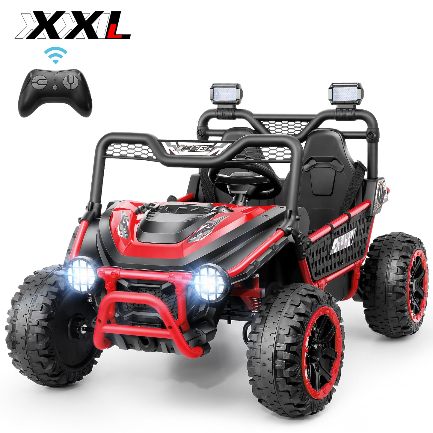 Funcid Metal Frame 24 Volt Ride on Toys, 2-Seater Ride on Cars with Remote Control, Electric Car for Kids, Power UTV Wheels with Key Start, Storage Bag, Bluetooth, Music, Spring Suspension, Red