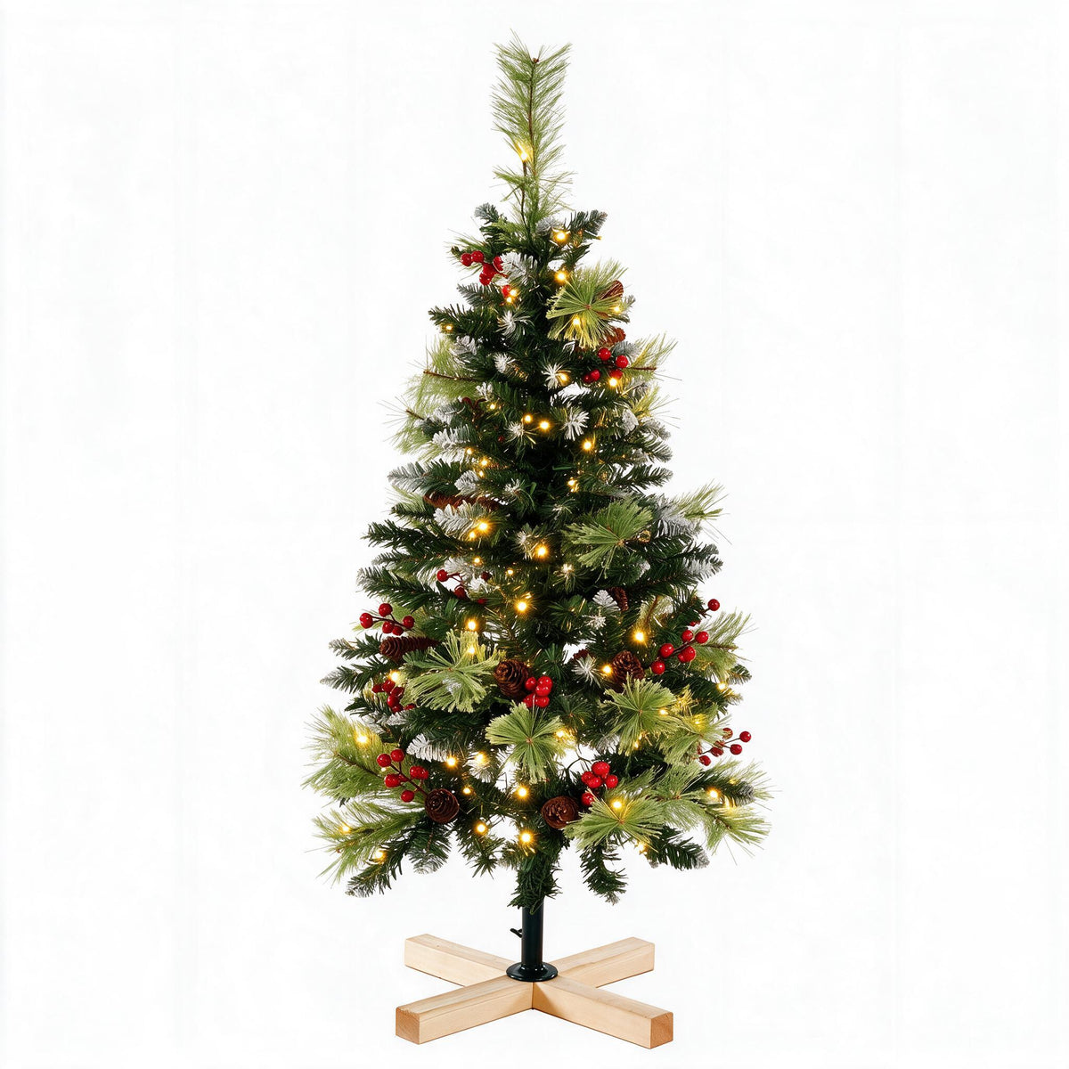 Funcid 4ft Pre-Lit Christmas Tree with 100 Warm White Twinkle LED Lights, Artificial Christmas Tree with Red Berries Pine Cone, Xmas Tree for Holiday Home Office Decoration