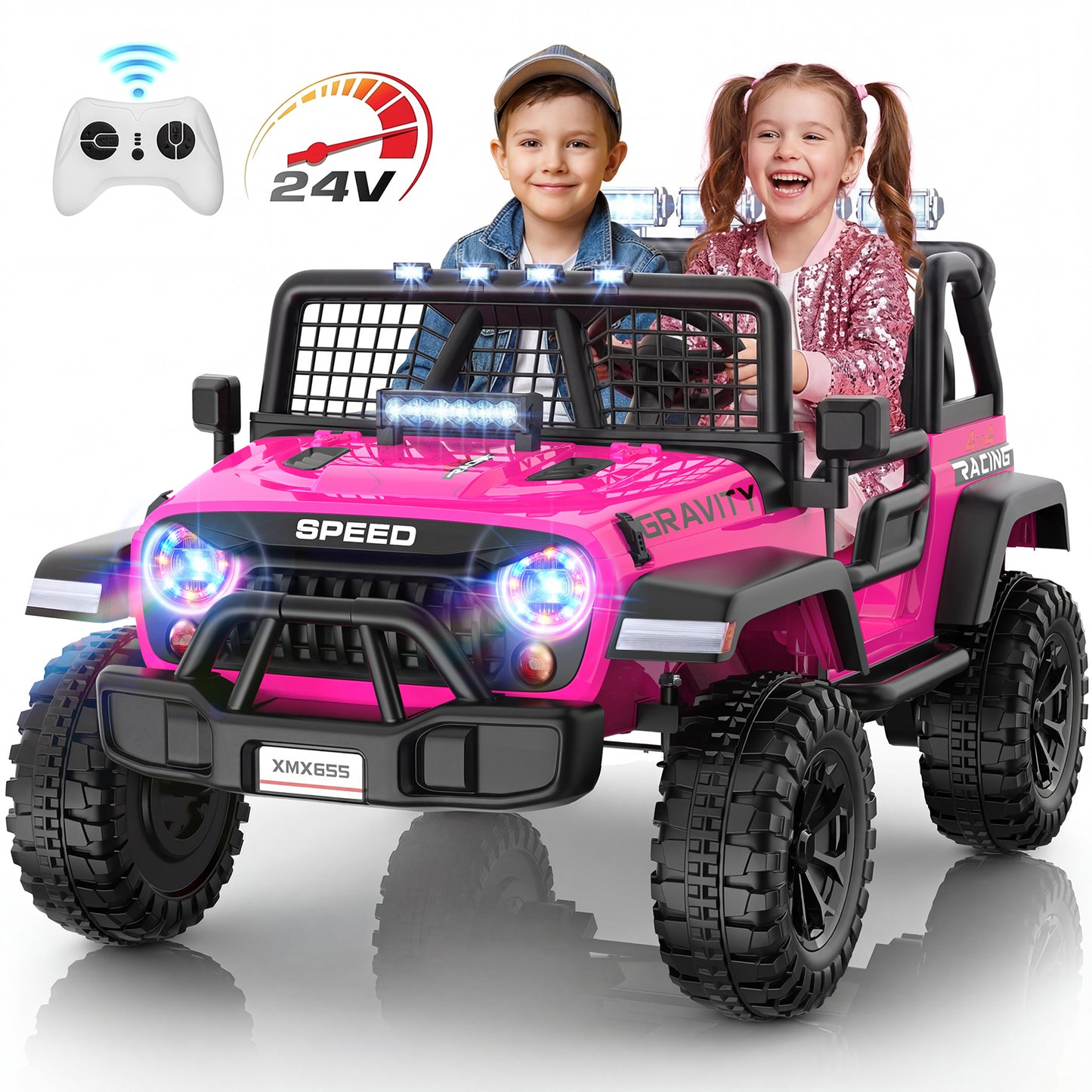Funcid 24 Volt Ride on Toys with Remote Control, 400W 2-Seater Ride on Cars with Colored LED Lights & Battery Indicator, Electric Car for Kids w/ Bluetooth, Light Control, Volume Knob, Pink