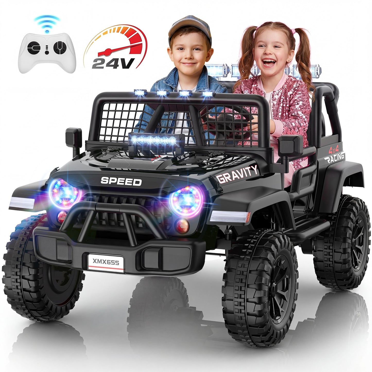 Funcid 24 Volt Ride on Toys with Remote Control, 400W 2-Seater Ride on Cars with Colored LED Lights & Battery Indicator, Electric Car for Kids w/ Bluetooth, Light Control, Volume Knob, Black