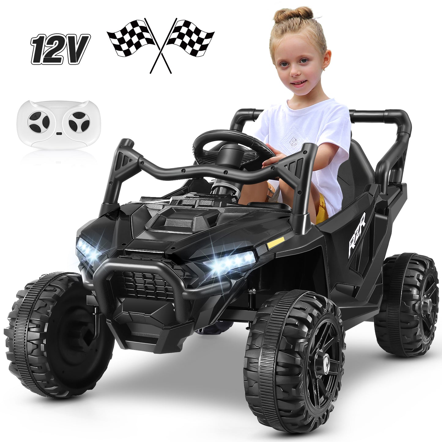 Funcid 12V Ride on Toys with Remote Control, Single Seater Ride on Cars, 200W Electric Car for Kids w/ Bluetooth, Knob Volume Control, Battery Indicator, MP3, Spring Suspension, Black