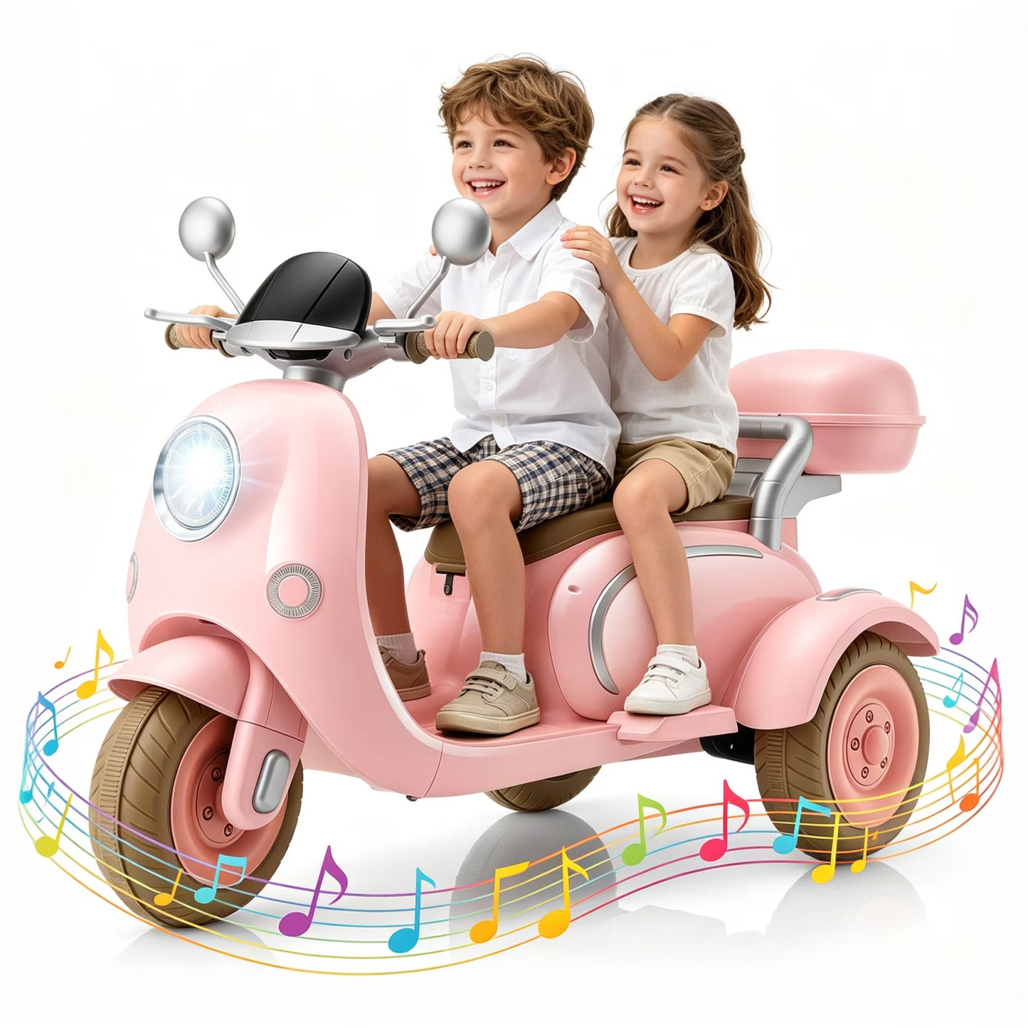 Funcid 12V Ride on Motorcycle with 3 Wheels, 2 Seater Kids Motorcycle with Storage Compartments, 2WD Electric Bike for Toddlers, Stable Structure, Cute Design, Music, LED Lights, Pink