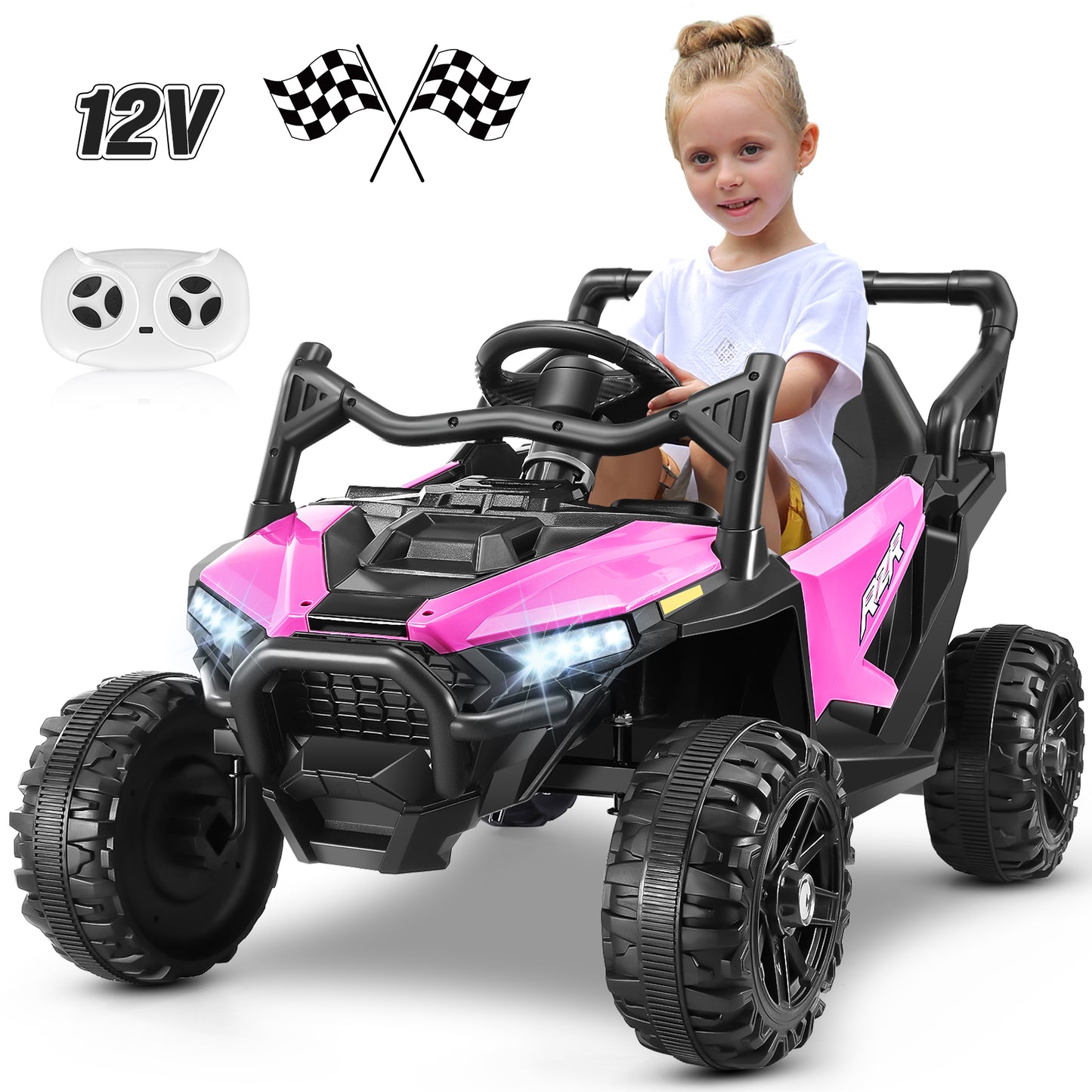 Funcid 12V Ride on Toys with Remote Control, Single Seater Ride on Cars, 200W Electric Car for Kids w/ Bluetooth, Knob Volume Control, Battery Indicator, MP3, Spring Suspension, Pink