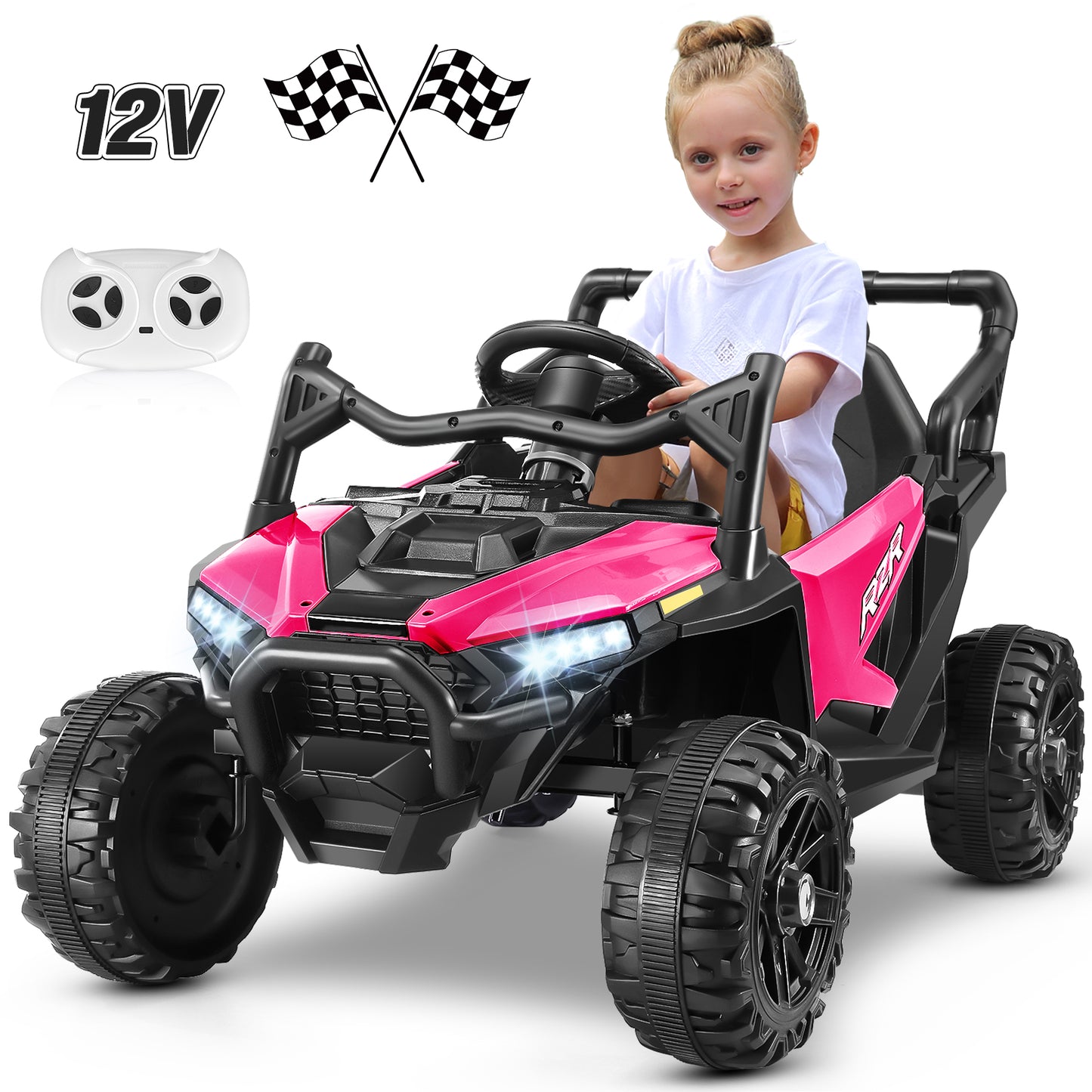 Funcid 12V Ride on Toys with Remote Control, Single Seater Ride on Cars, 200W Electric Car for Kids w/ Bluetooth, Knob Volume Control, Battery Indicator, MP3, Spring Suspension, Rose Red