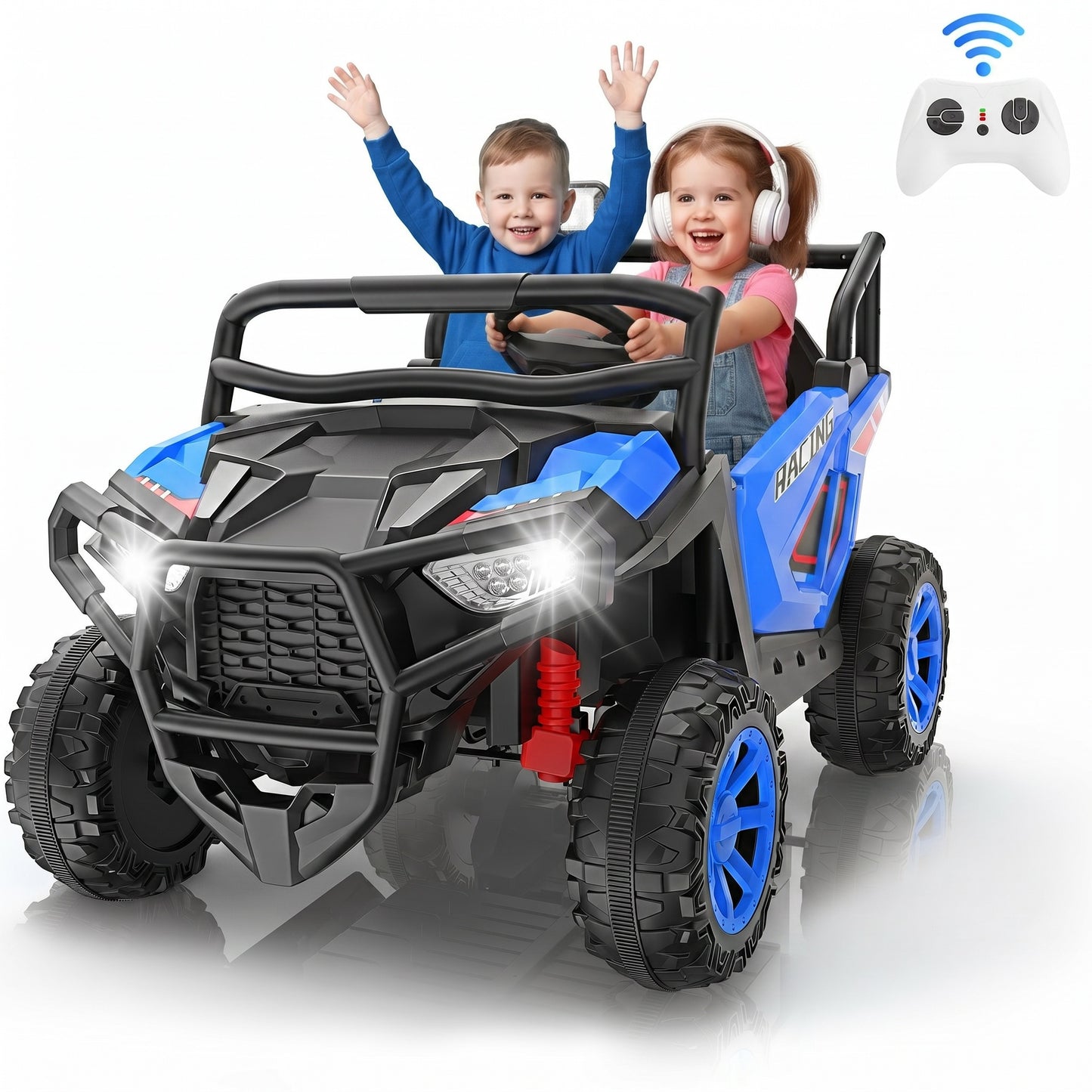Funcid 24 Volt Ride on Toys, 2-Seater Ride on Cars with Remote Control, 400W Electric Car, Ride on UTV w/ Bluetooth, MP3, Seat Belts, Volume Adjustment, Suspension, Blue