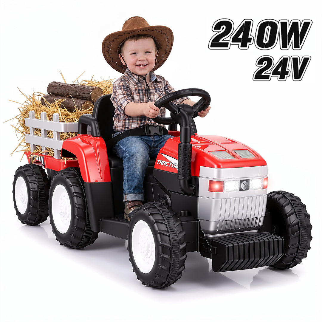 Funcid 24 Volt Ride on Toys with Remote, 5 AH Electric Ride on Vehicles for Kids, 240W Ride on Tractor, Power Car Wheels w/ Detachable Trailer, Bluetooth, Music, Taillight & Light Switch, Red