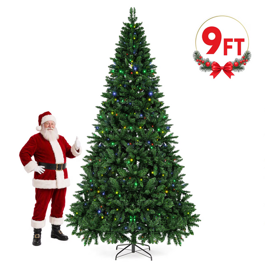 Funcid 9ft Pre-Lit Spruce Artificial Holiday Christmas Tree for Home, Office, Party Decoration w/ 250 Multicolored Lights, 2300 Branch Tips, Easy Assembly, Metal Hinges & Foldable Base