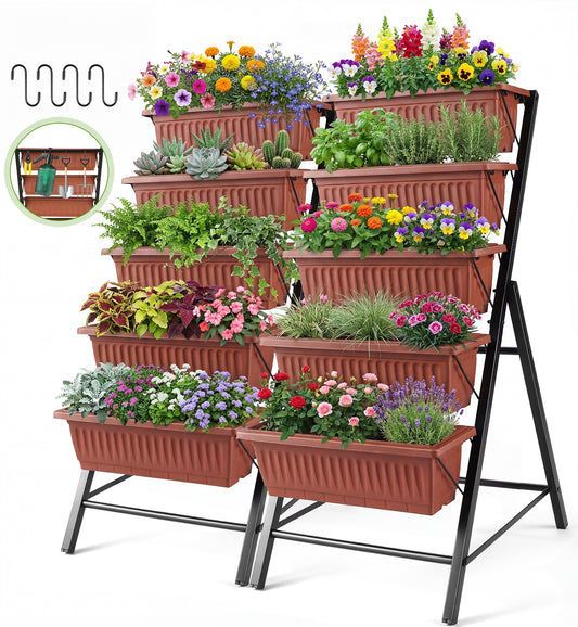 Funcid 4 ft Vertical Garden 5-Tier Raised Garden Bed Planter Box for Patio Balcony Flower Herb Freestanding Garden Planter Brown, 2 Packs, 26"×22.75×45"
