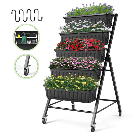 Funcid 4 ft Vertical Garden with Removable Locking Wheels 5-Tier Raised Garden Bed Planter Box for Patio Balcony Flower Herb Freestanding Garden Planter - 30"×26"×48"