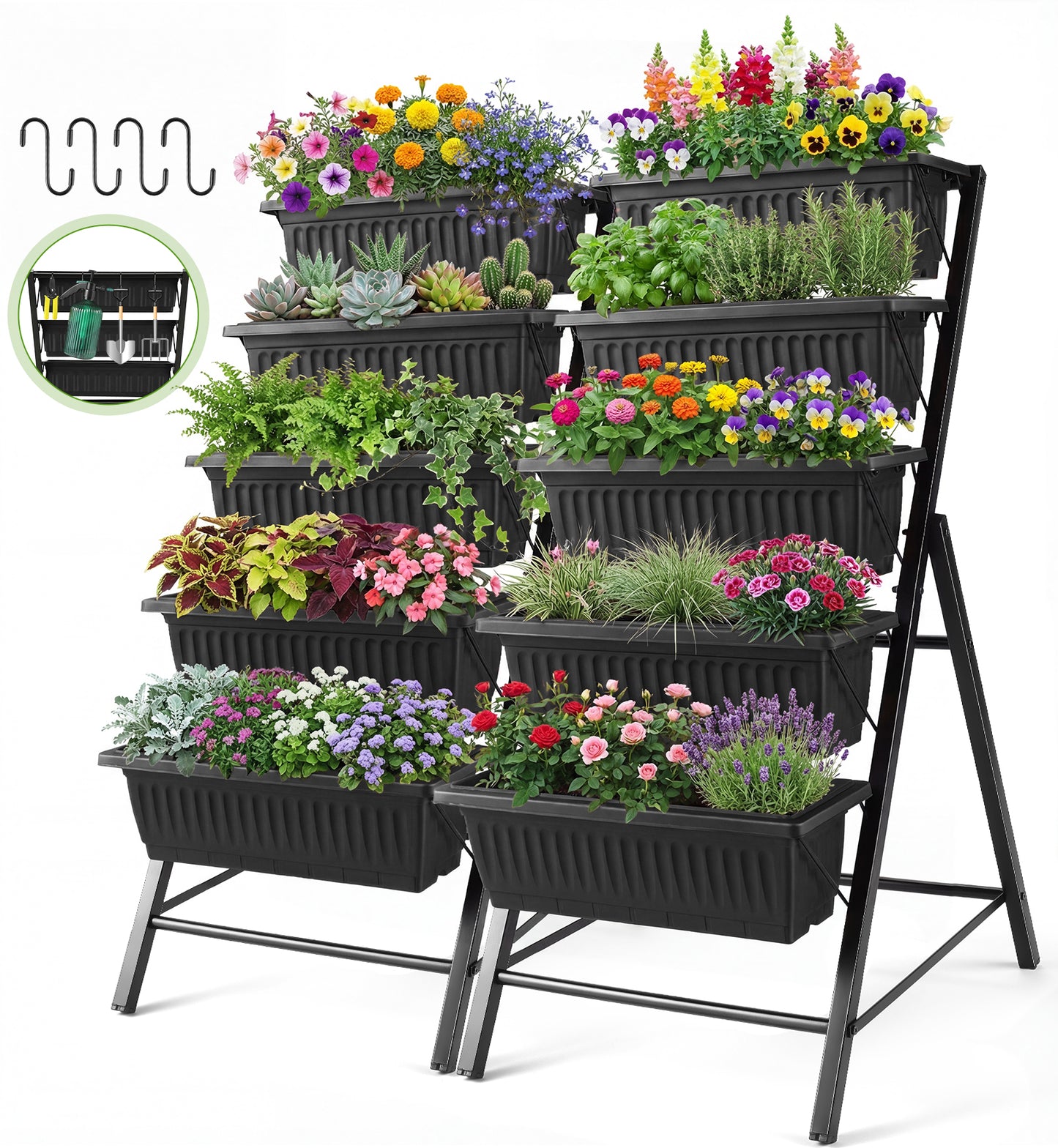 Funcid 4 ft Vertical Garden 5-Tier Raised Garden Bed Planter Box for Patio Balcony Flower Herb Freestanding Garden Planter Black, 2 Packs, 26"×22.75×45"