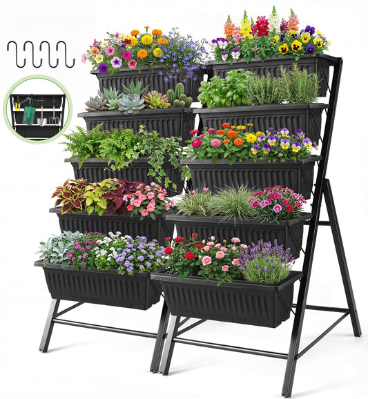 Funcid 4 ft Vertical Garden 5-Tier Raised Garden Bed Planter Box for Patio Balcony Flower Herb Freestanding Garden Planter Black, 2 Packs, 26"×22.75×45"