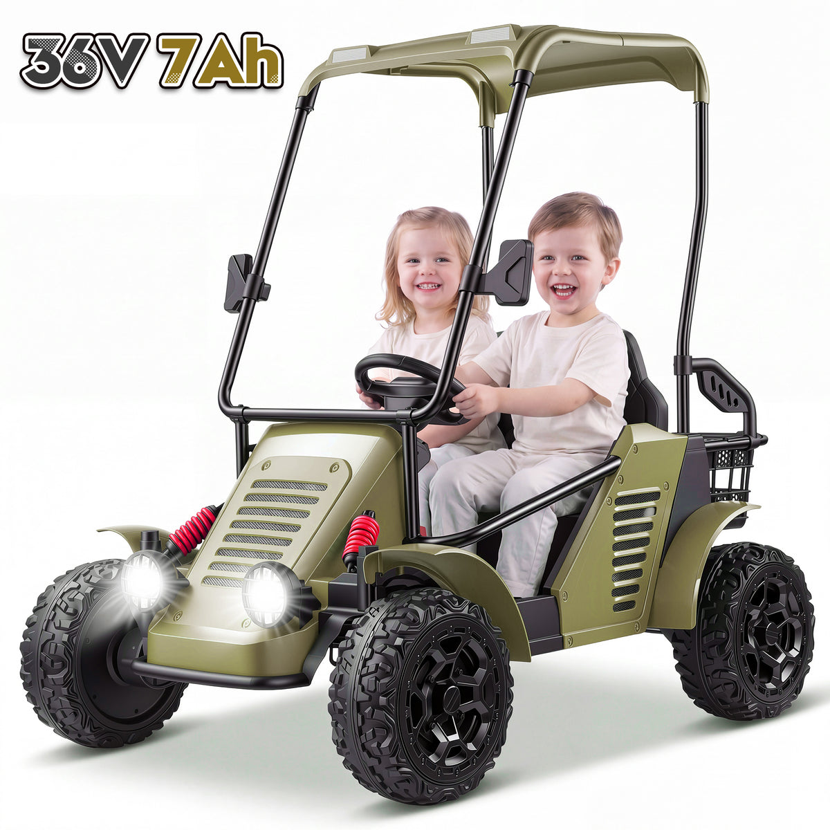 Funcid 36V Kids Golf Cart, 4WD 6.21 MPH 2 Seater Electric Cars with 7Ah Big Battery, 800W Powerful Motors, Detachable Awning and Storage Basket, Ride on Toys for 3-8 Years, Sage Green