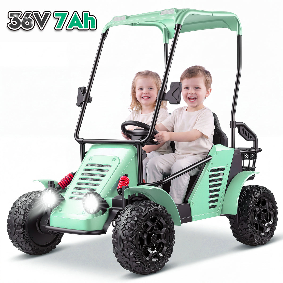 Funcid 36V Kids Golf Cart, 4WD 6.21 MPH 2 Seater Electric Cars with 7Ah Big Battery, 800W Powerful Motors, Detachable Awning and Storage Basket, Ride on Toys for 3-8 Years, Mint Green