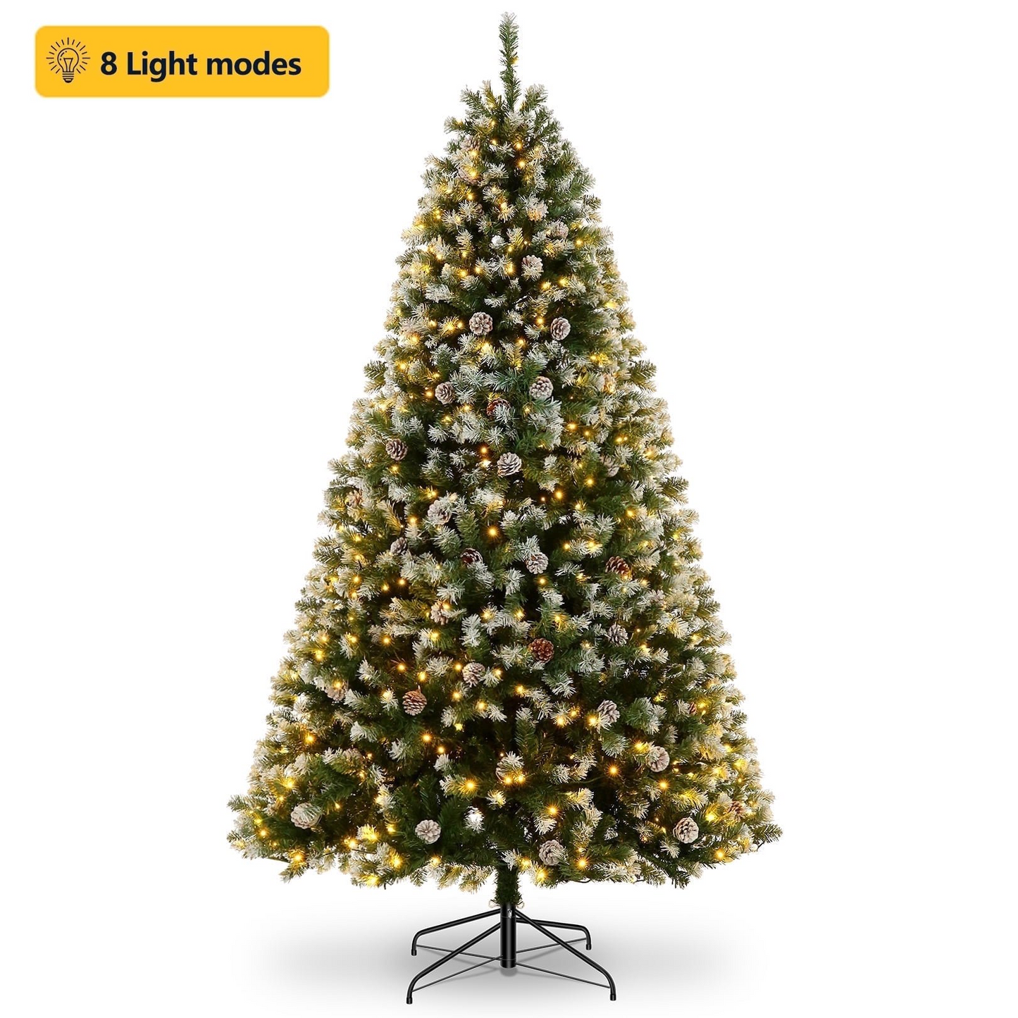 Funcid 7.5ft Artificial Christmas Tree with 8 Adjustable Light Flash Rate Modes, Decorated Xmas Tree with Pine Cones, Hinged Partially Flocked Christmas Tree with Foldable Metal Base