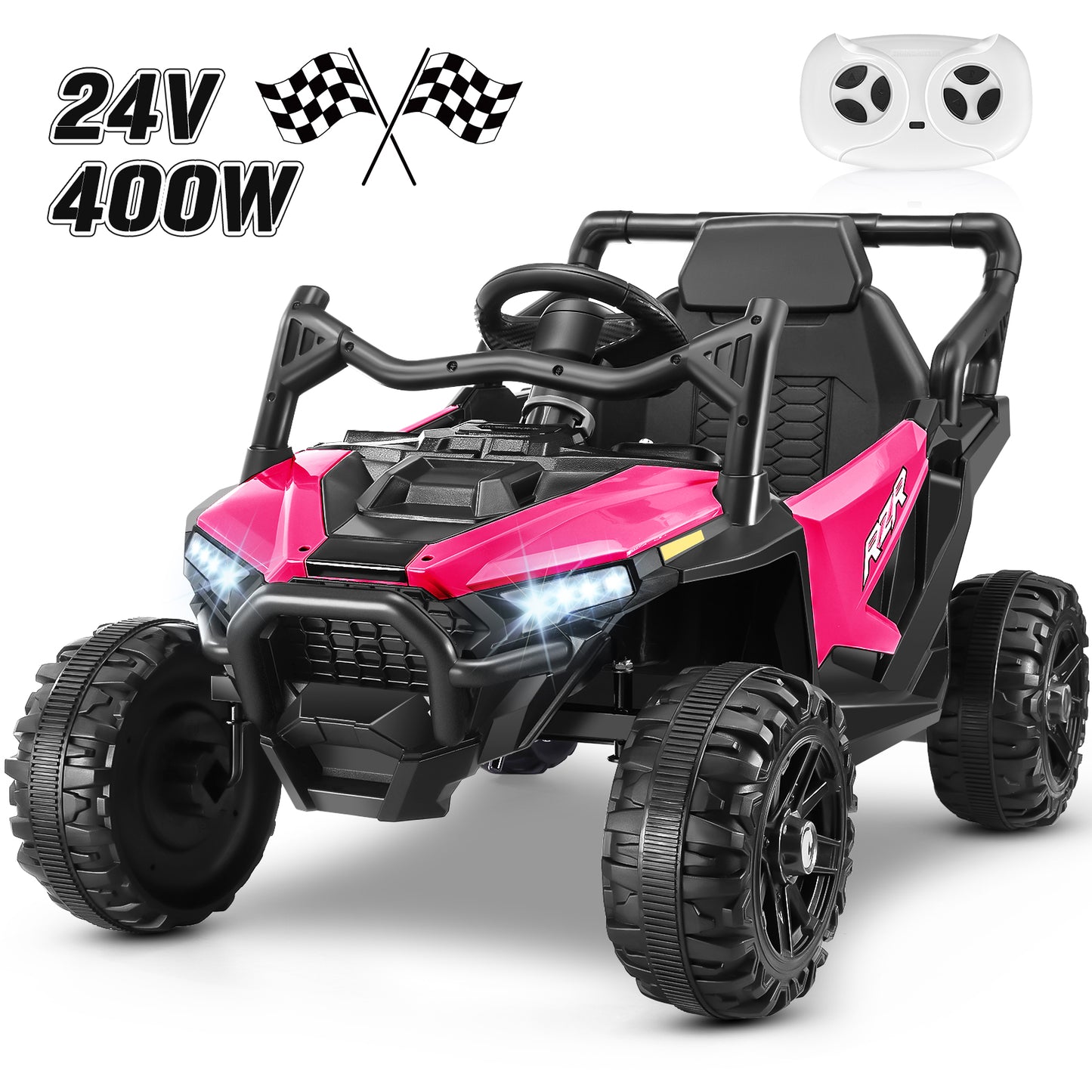 Funcid 24 Volt Ride on Toys 400W Ride on Cars with Remote Control & Battery Indicator, Electric Car for Explorers, Power Car Wheels UTV w/ Bluetooth, Music, Lights, 3 Speeds, Rose Red