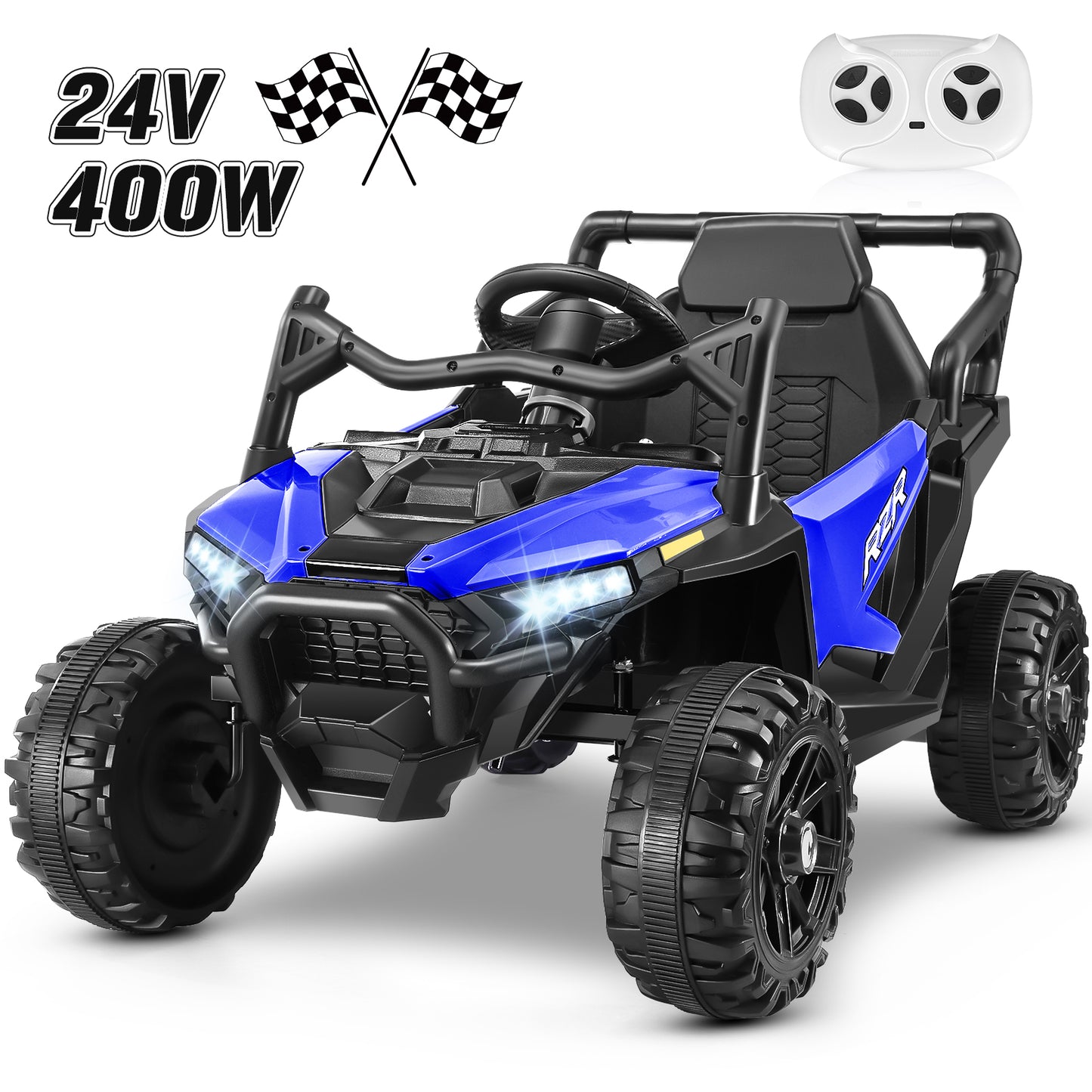 Funcid 24 Volt Ride on Toys with Remote Control & Battery Indicator, 400W Ride on UTV, Electric Car for Kids w/ Bluetooth, Music, LED Lights, Volume Adjustment Knob, 3 Speeds, Blue