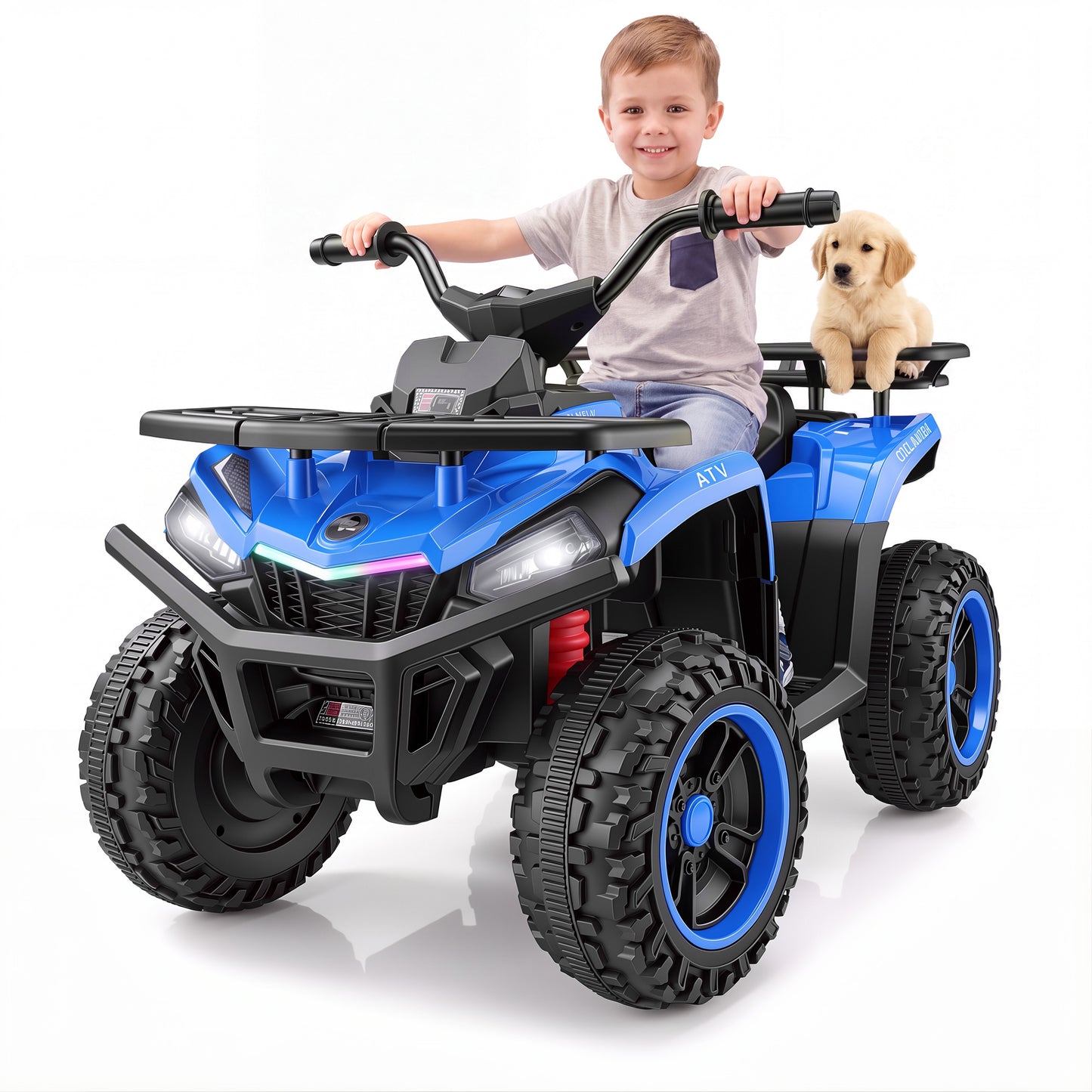 Funcid 24V Kids ATV, Ride on Toys for Toddlers with 2 Speeds, 4 Wheeler Electric Car, Ride on Car with Storage Spaces, Spring Suspension, Bluetooth Music, LED Lights, Blue