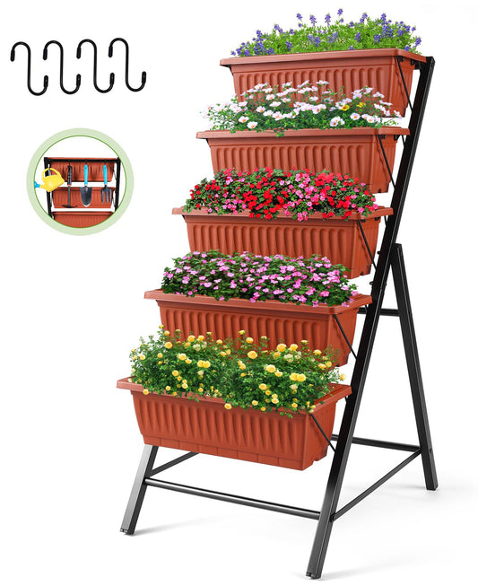 Funcid 4 ft Vertical Garden 5-Tier Raised Garden Bed for Patio Balcony Flower Herb Freestanding Garden Planter Box Brown, 26"×22.75×45"