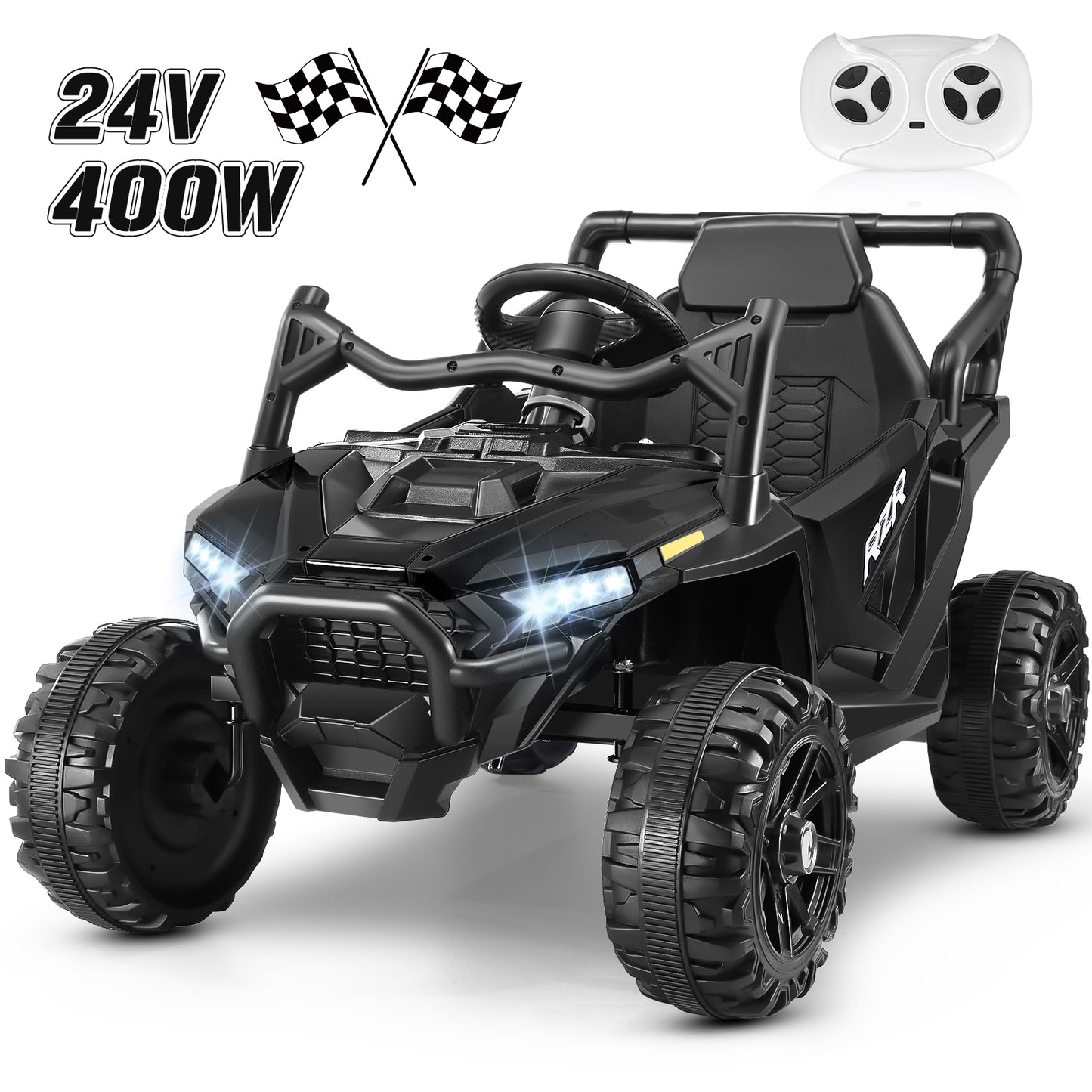 Funcid 24 Volt Ride on Toys 400W Ride on Cars with Remote Control & Battery Indicator, Electric Car for Explorers, Power Car Wheels UTV w/ Bluetooth, Music, Lights, 3 Speeds, Black