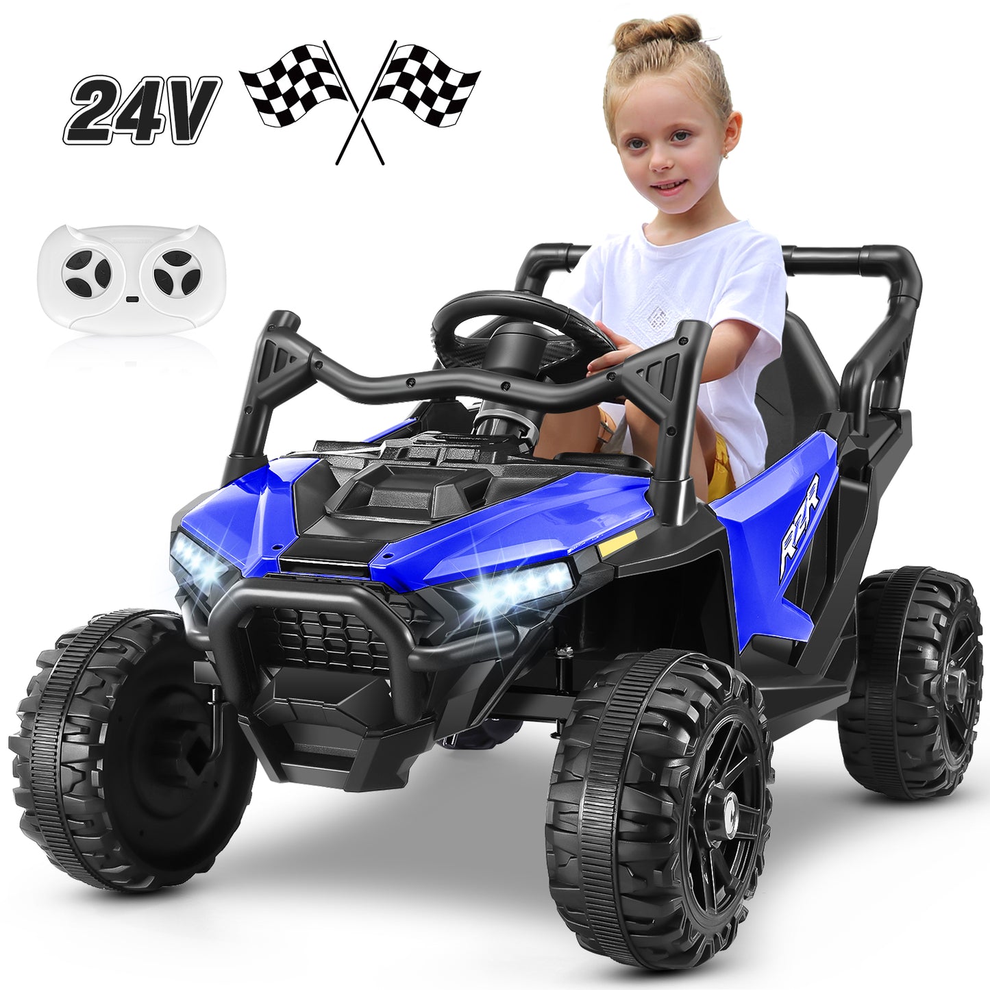 Funcid 24 Volt Ride on Toys 400W Ride on Cars with Remote Control & Battery Indicator, Electric Car for Explorers, Power Car Wheels UTV w/ Bluetooth, Music, Lights, 3 Speeds, Blue