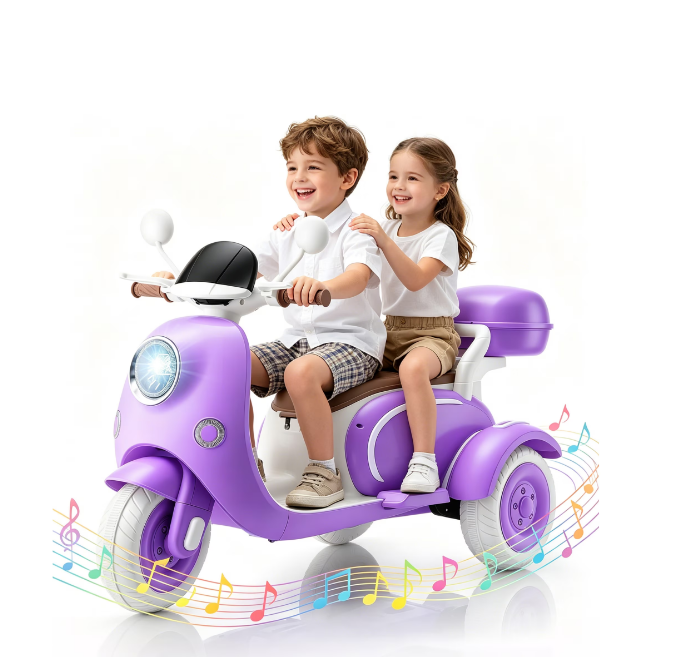 Funcid 12V Ride on Motorcycle with 3 Wheels, 2 Seater Kids Motorcycle with Storage Compartments, 2WD Electric Bike for Toddlers, Stable Structure, Cute Design, Music, LED Lights, Purple