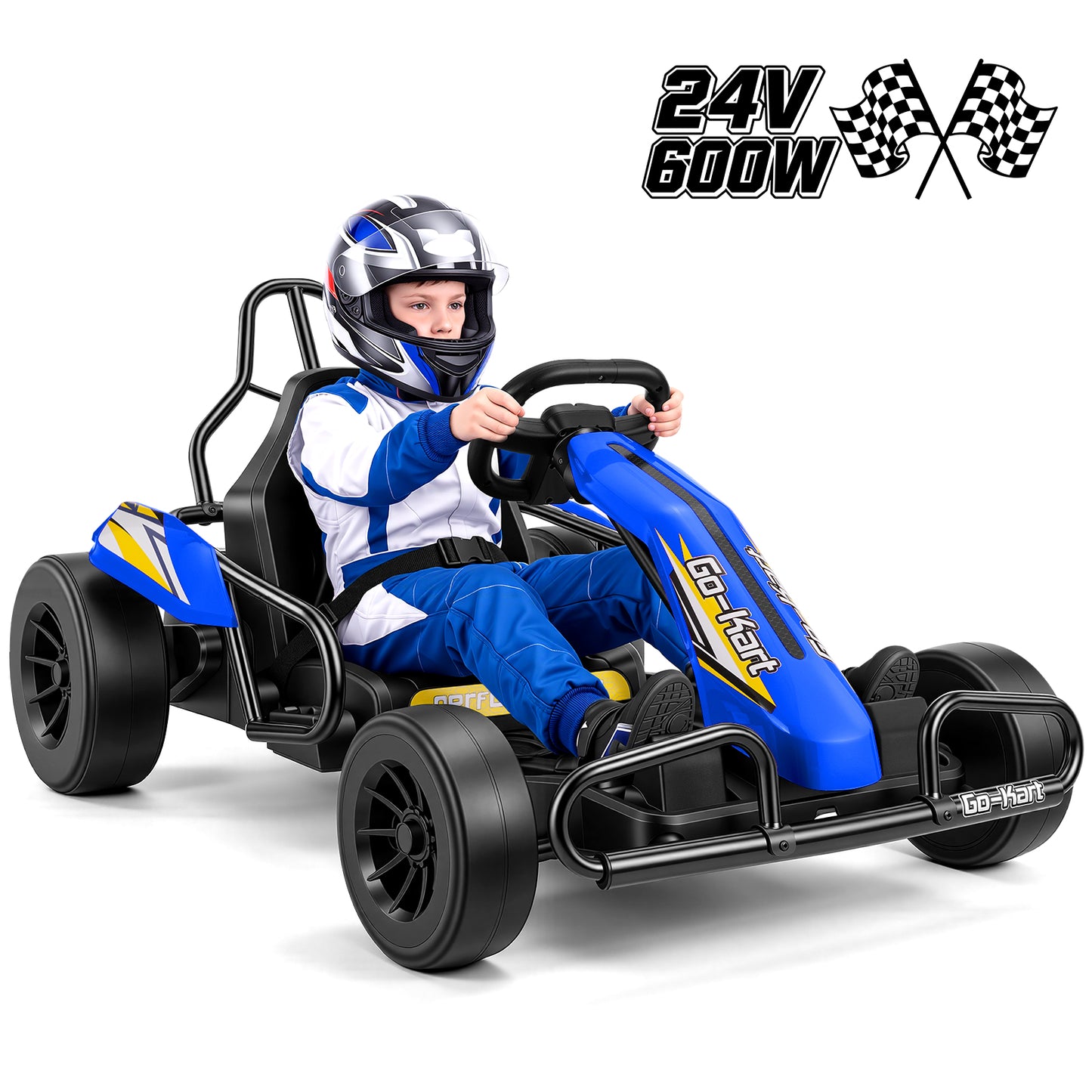 Funcid 24V 10Ah Big Battery Go Kart for Kids Age 6-12, Ride on Toys with 600W Motors, 7.5 MPH Electric Go Kart W/ EVA Wheels, 4-Level Adjustable Seat & 360° Drift Mode, LED Power Display, Blue