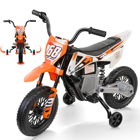 Funcid 12V Electric Dirt Bike with Twist Grip Throttle, Ride on Motorcycle with 2 Training Wheels, Suitable for Ages 3-8, Bluetooth, MP3, Dual Motors, Spring Suspension