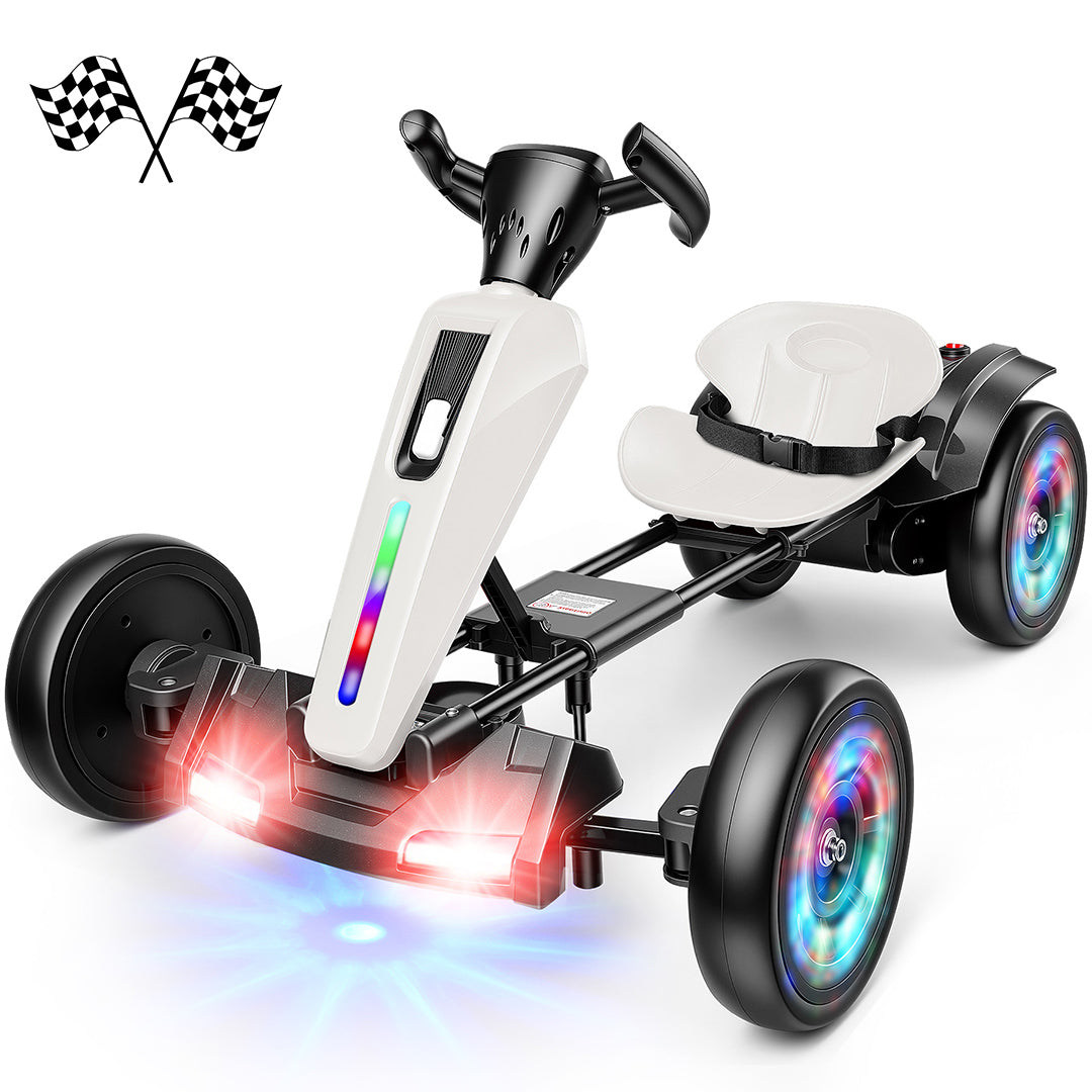 Funcid 12V Ride on Toys with Colored LED Lights, Electric Car for Kids Aged 3-6, Electric Foldable Go Kart w/ Bluetooth, Music, Light Button, EVA Wheels, Adjustable Seat, Easy Storage, White