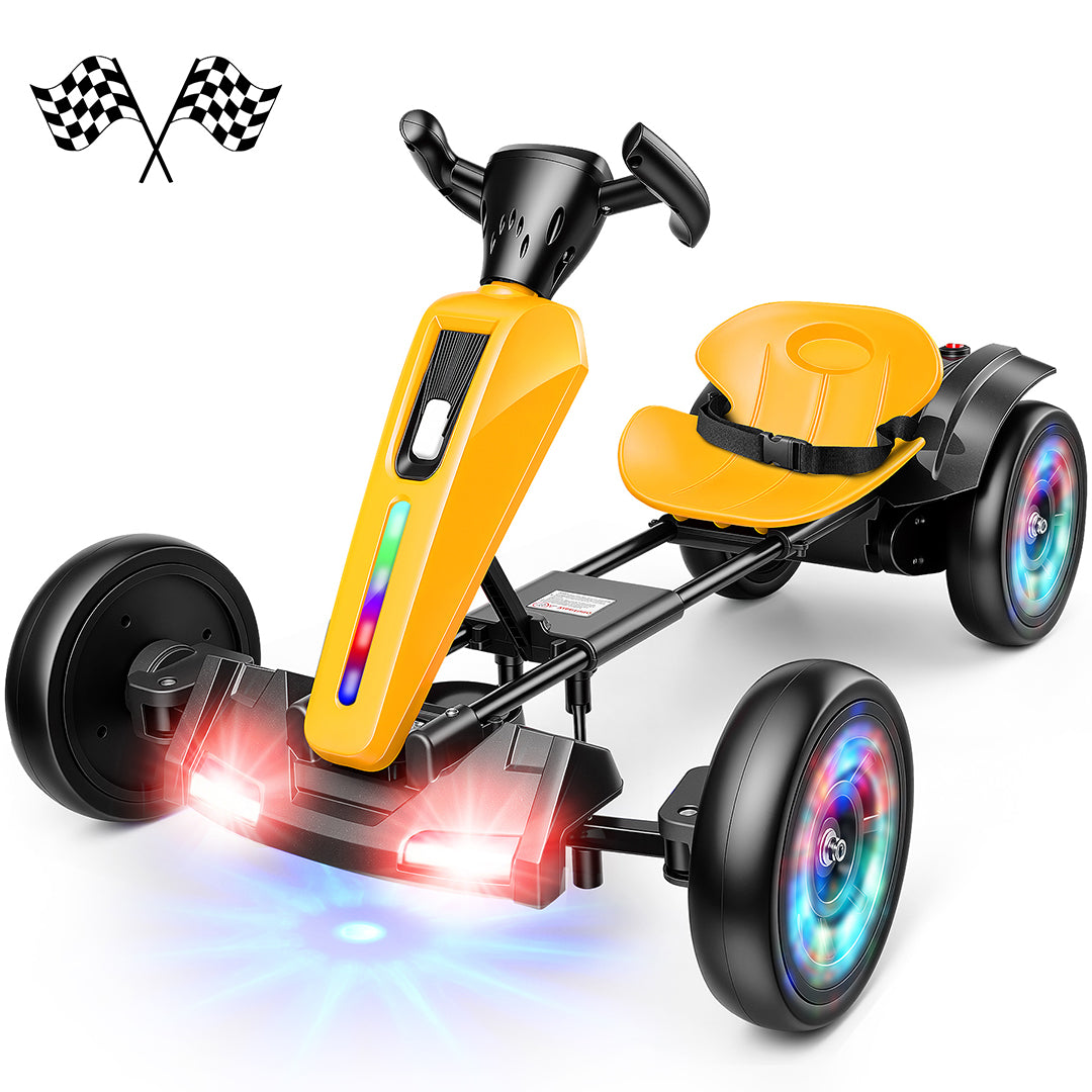 Funcid 12V Ride on Toys with Colored LED Lights, Electric Car for Kids Aged 3-6, Electric Foldable Go Kart w/ Bluetooth, Music, Light Button, EVA Wheels, Adjustable Seat, Easy Storage, Yellow