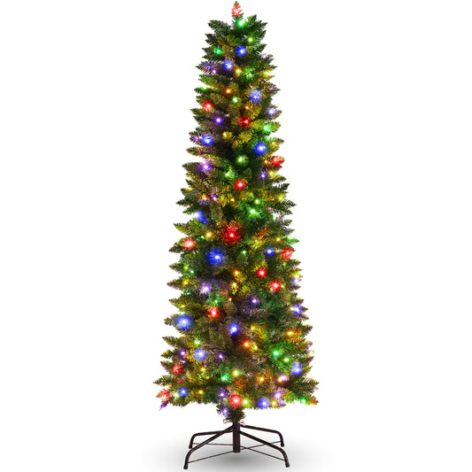 Funcid 6ft Pre-Lit Artificial Hinged Slim Pencil Christmas Tree with 250 Multi-Color Lights, 972 Branch Tips, Metal Hinges & Foldable Base, Green