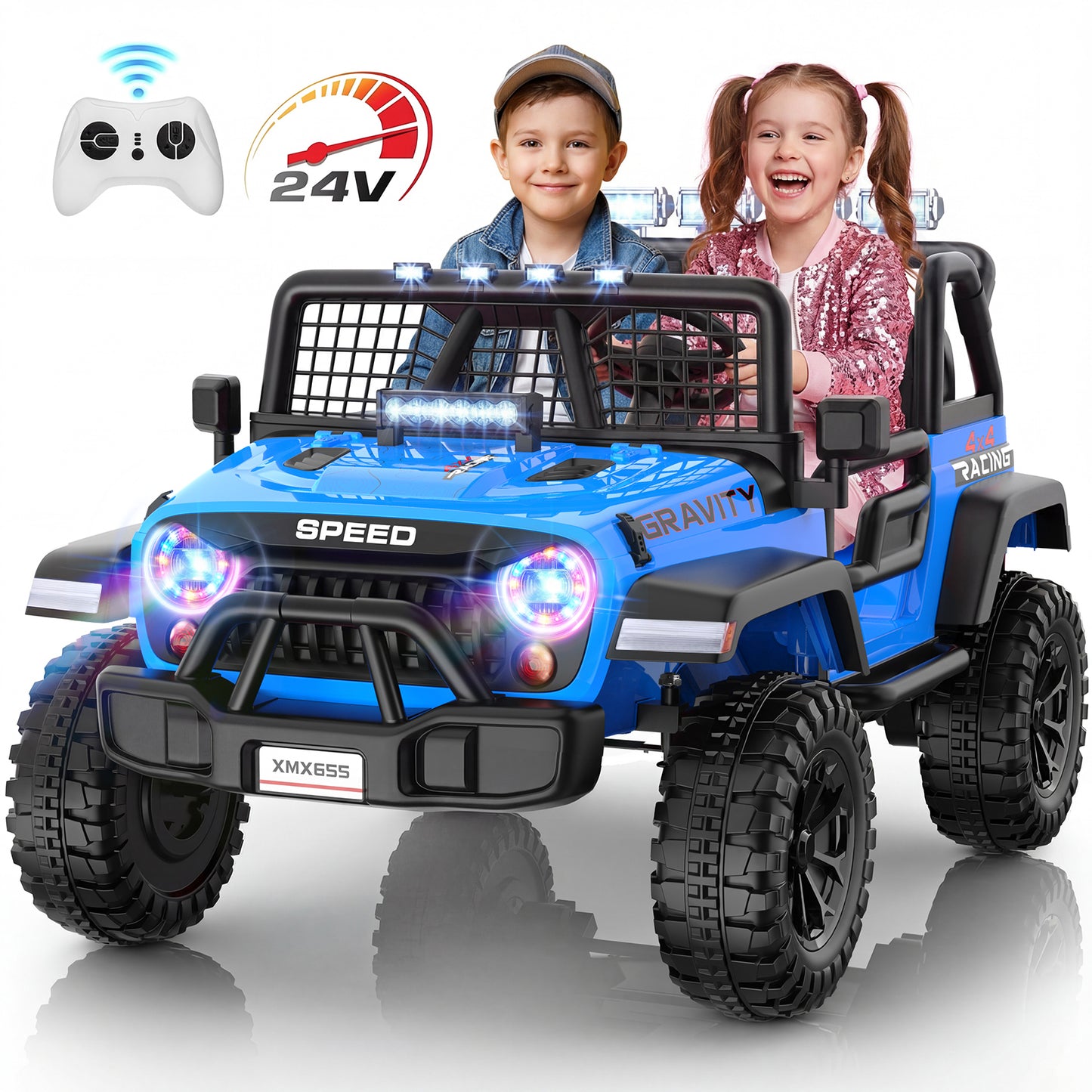 Funcid 24 Volt Ride on Toys with Remote Control, 400W 2-Seater Ride on Cars with Colored LED Lights & Battery Indicator, Electric Car for Kids w/ Bluetooth, Light Control, Volume Knob, Blue