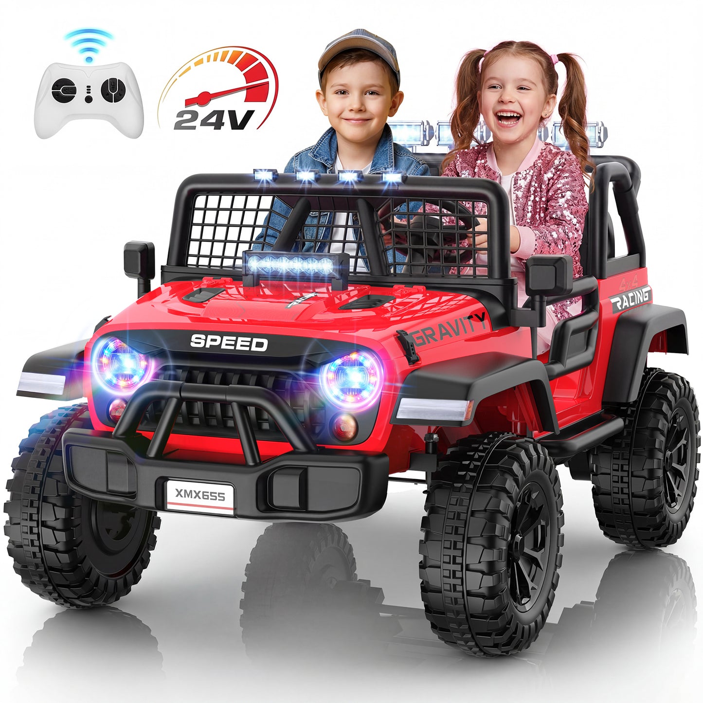 Funcid 24 Volt Ride on Toys with Remote Control, 400W 2-Seater Ride on Cars with Colored LED Lights & Battery Indicator, Electric Car for Kids w/ Bluetooth, Light Control, Volume Knob, Red