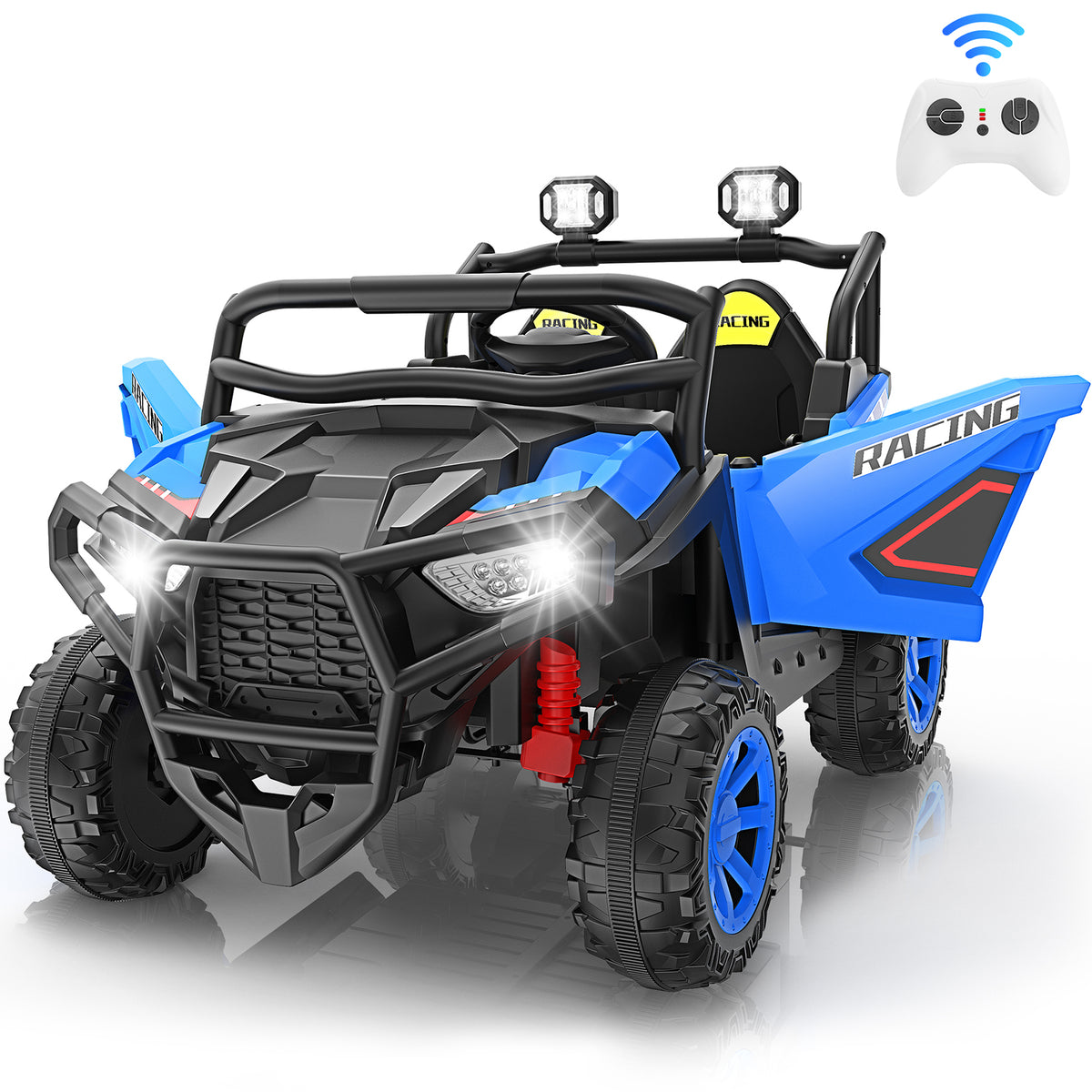 Funcid 24 Volt Ride on Cars, 2-Seater Ride on Toys with Remote Control, 400W Electric Car, Ride on UTV w/ Bluetooth, MP3, Suspension, Seat Belts, Volume Adjustment, Blue