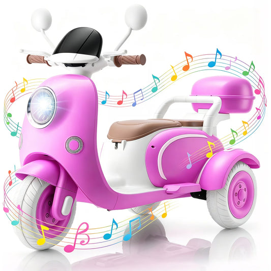 Funcid 12V Ride on Motorcycle with 3 Wheels, 2 Seater Kids Motorcycle with Storage Compartments, 2WD Electric Bike for Toddlers, Stable Structure, Cute Design, Music, LED Lights, Rose Red