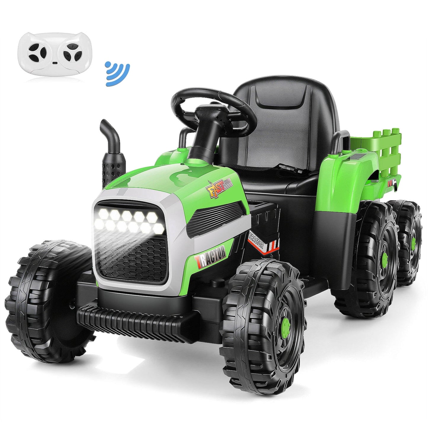 Funcid 12V Kids Ride on Tractor with Trailer 7AH Battery Powered Tractor Electric Car for Toddler, Ride on Toys Motorized Vehicle with Parents Remote Control, Bluetooth, 3 Speeds, 11-LED Lights, Green