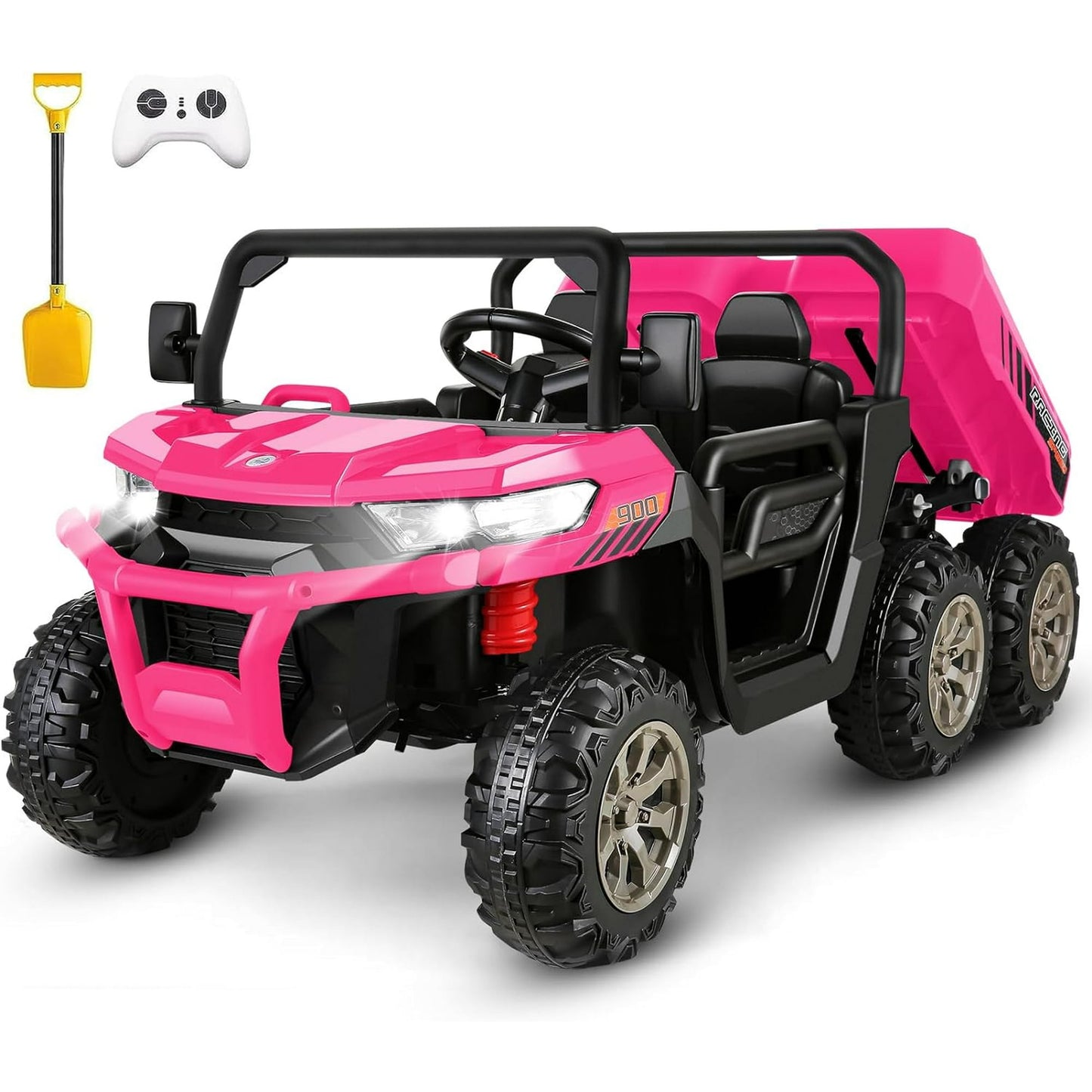 Funcid 24V Ride on Toys with Remote Control, 2 Seater Kid Ride on UTV, 4WD Ride on Dump Truck Car, Electric Battery Powered 6-Wheel UTV Toys w/ Tipping Bucket Trailer, Shovel, Bluetooth Music,Pink