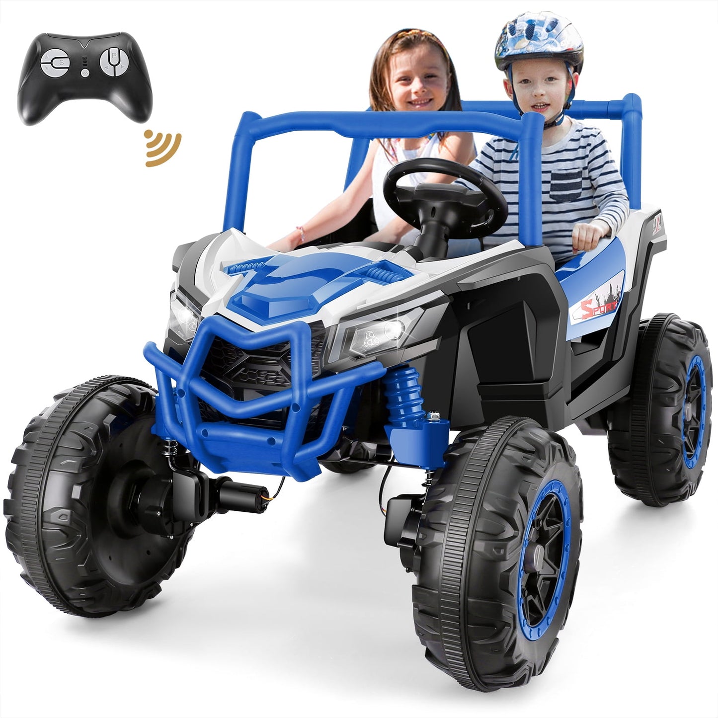 Funcid 4WD 24V Ride on Toys 2 XL Seater Kids Ride on Cars w/ Remote Control, 4*200W Motor, Electric Off-Road UTV 7AH Battery Powered 4-Wheeler Vehicle w/ Bluetooth, Music, 3-Speed, LED Light, Blue