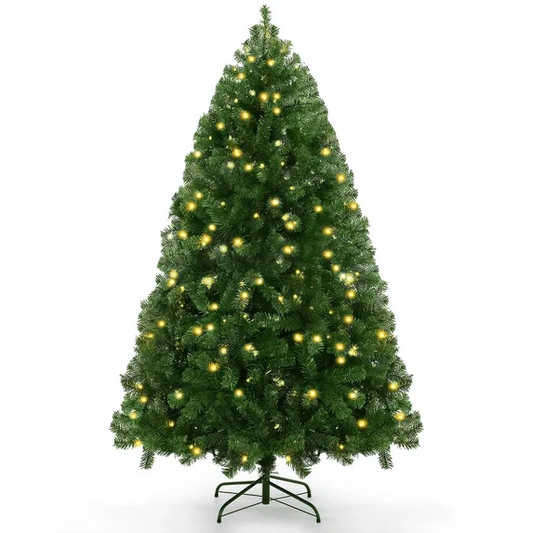 Funcid 6ft Pre-Lit Green Artificial Christmas Tree with 250 Warm LED Lights and 1477 Branch Tips, Hinged Full Christmas Tree w/ Foldable Metal Stand, 8 Light Sequences for Home Holiday Decoration