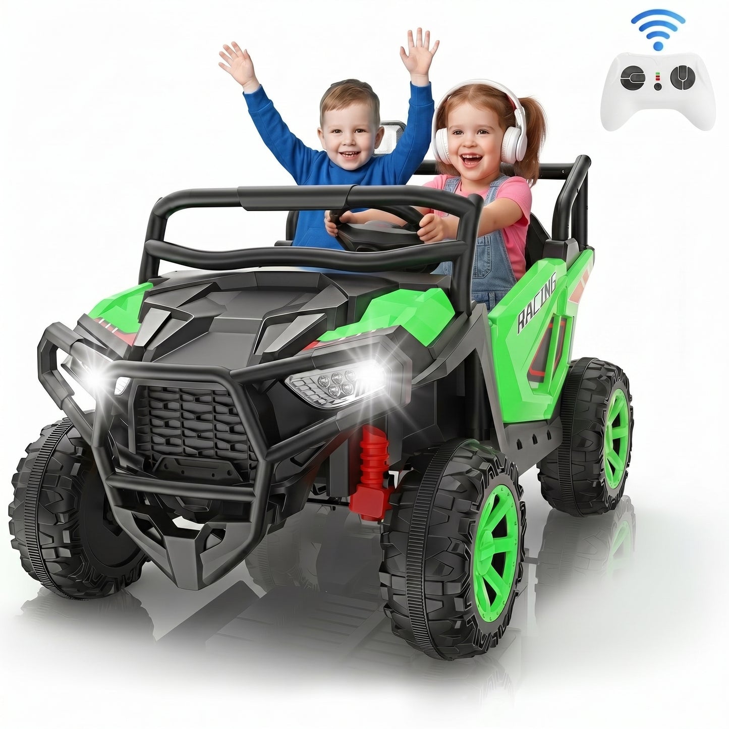 Funcid 24 Volt Ride on Toys, 2-Seater Ride on Cars with Remote Control, 400W Electric Car for Kids, Ride on UTV w/ Bluetooth, MP3, Seat Belts, Volume Adjustment, Suspension, Green