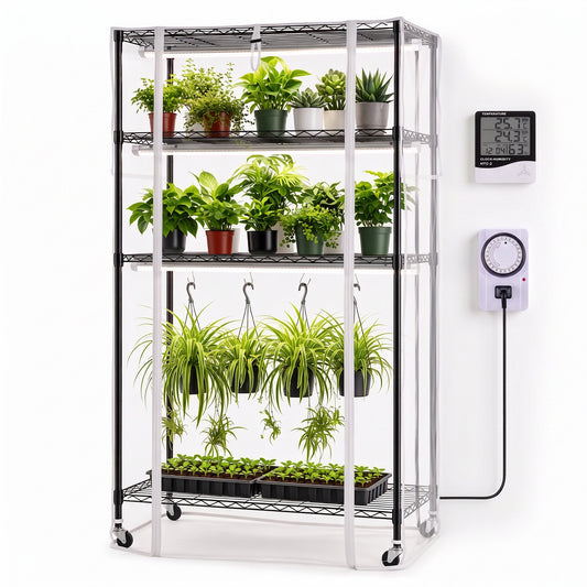 Funcid Indoor Greenhouse with Grow Light, 4-Tier Metal Plant Stand with Zippered EVA Cover, 120W Full Spectrum Grow Lights, Plant Stand Tent and Thermometer for Indoor Plant, Seed Starting