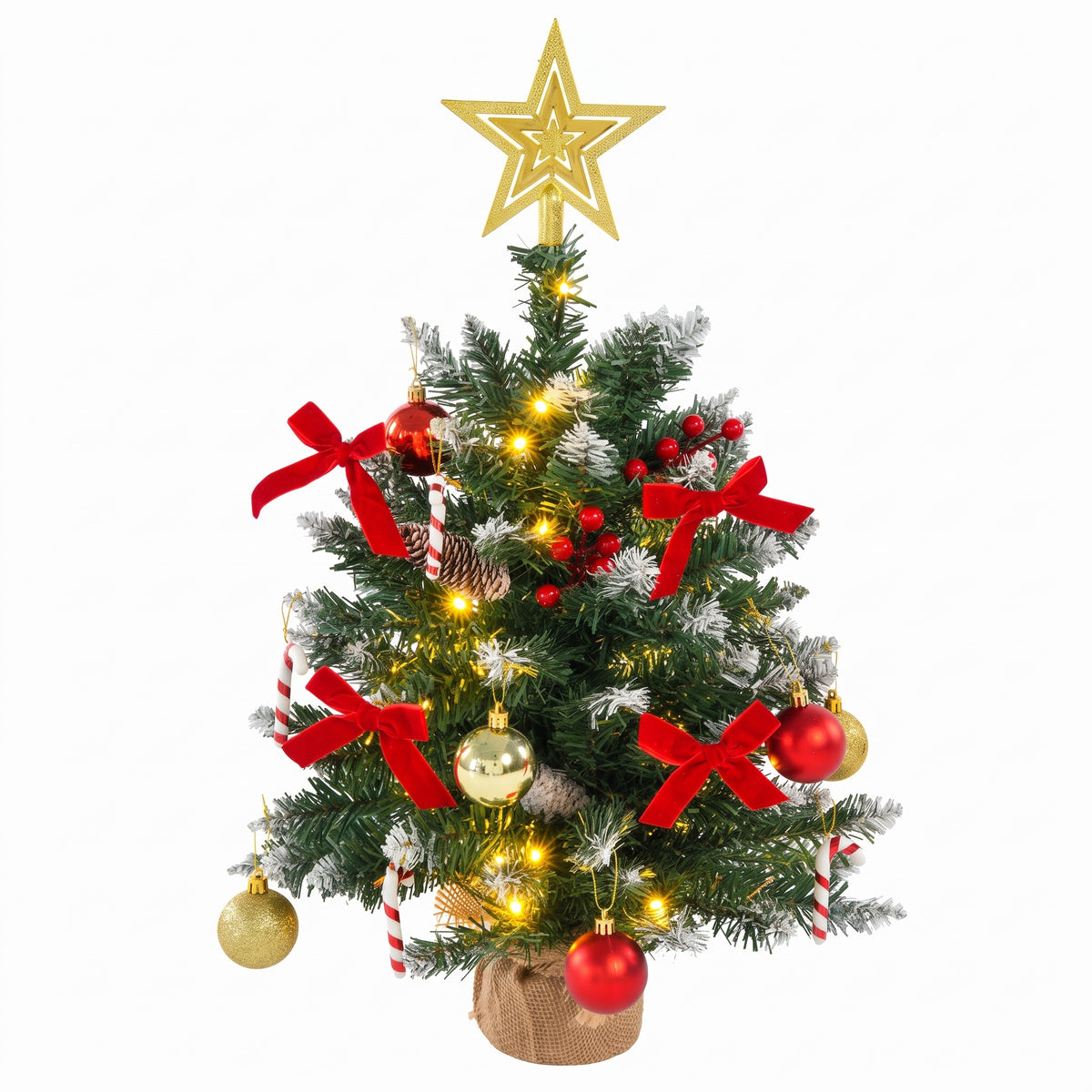 Funcid 2ft Christmas Tree with Rich Decorations, Artificial Christmas Tree with Lights, Tabletop Christmas Tree with Pine Cones, Shiny Ornaments for Xmas